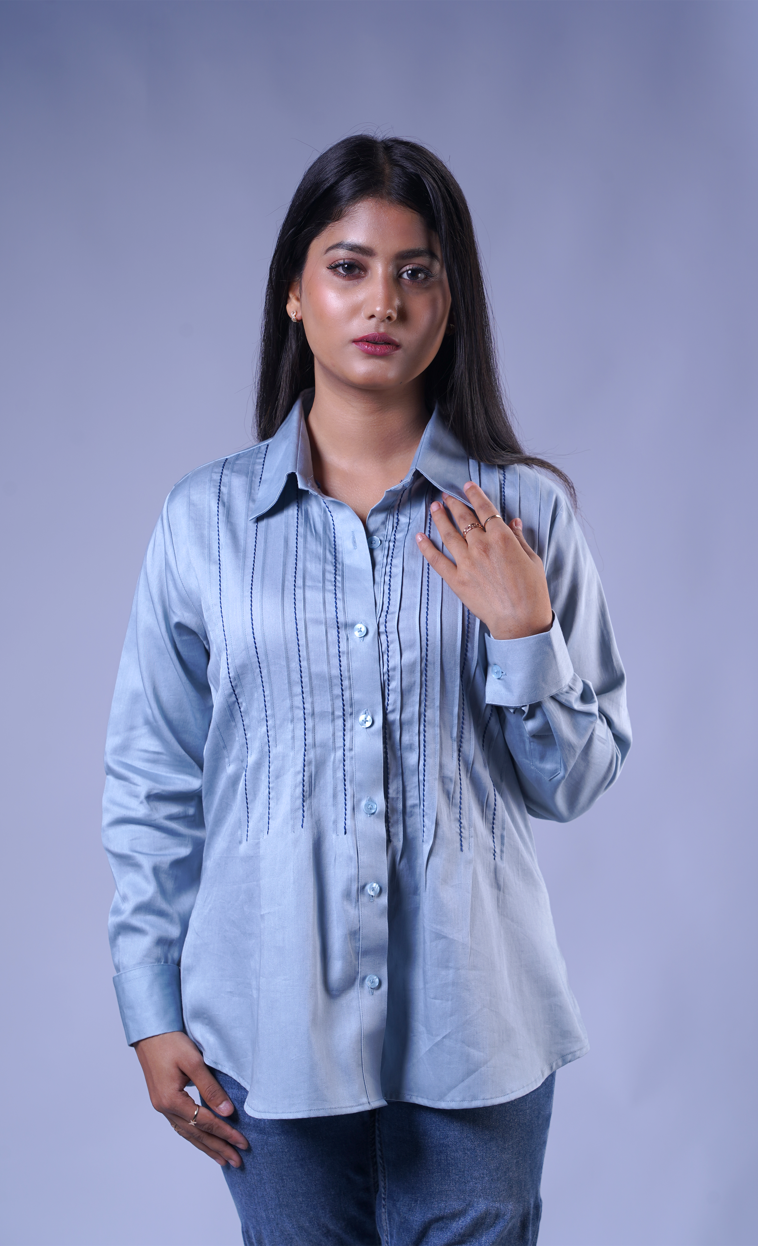 Trevae - The Ice blue Pintucks Cotton shirt