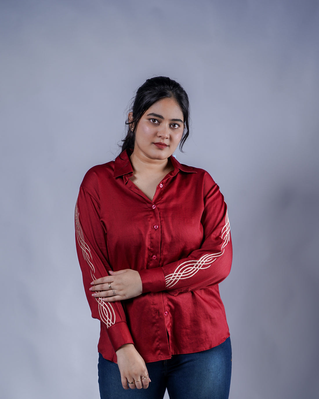 Trevae’s  Rust  Brown  Shirt with  Linear  Sleeve Embroidery