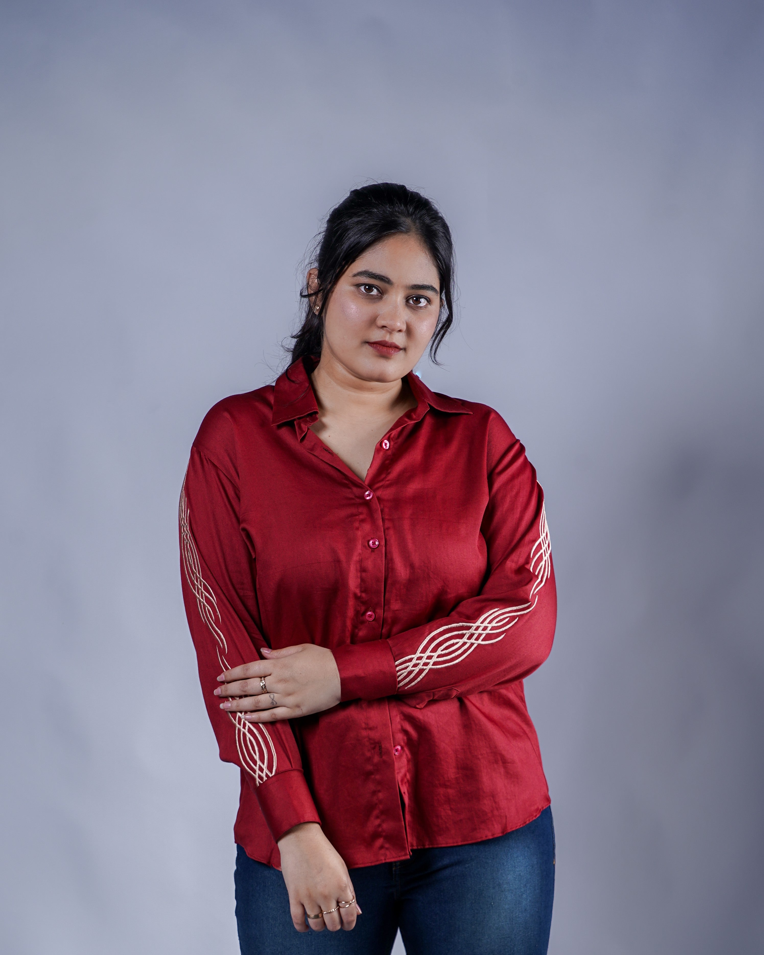 Trevae’s  Rust  Brown  Shirt with  Linear  Sleeve Embroidery