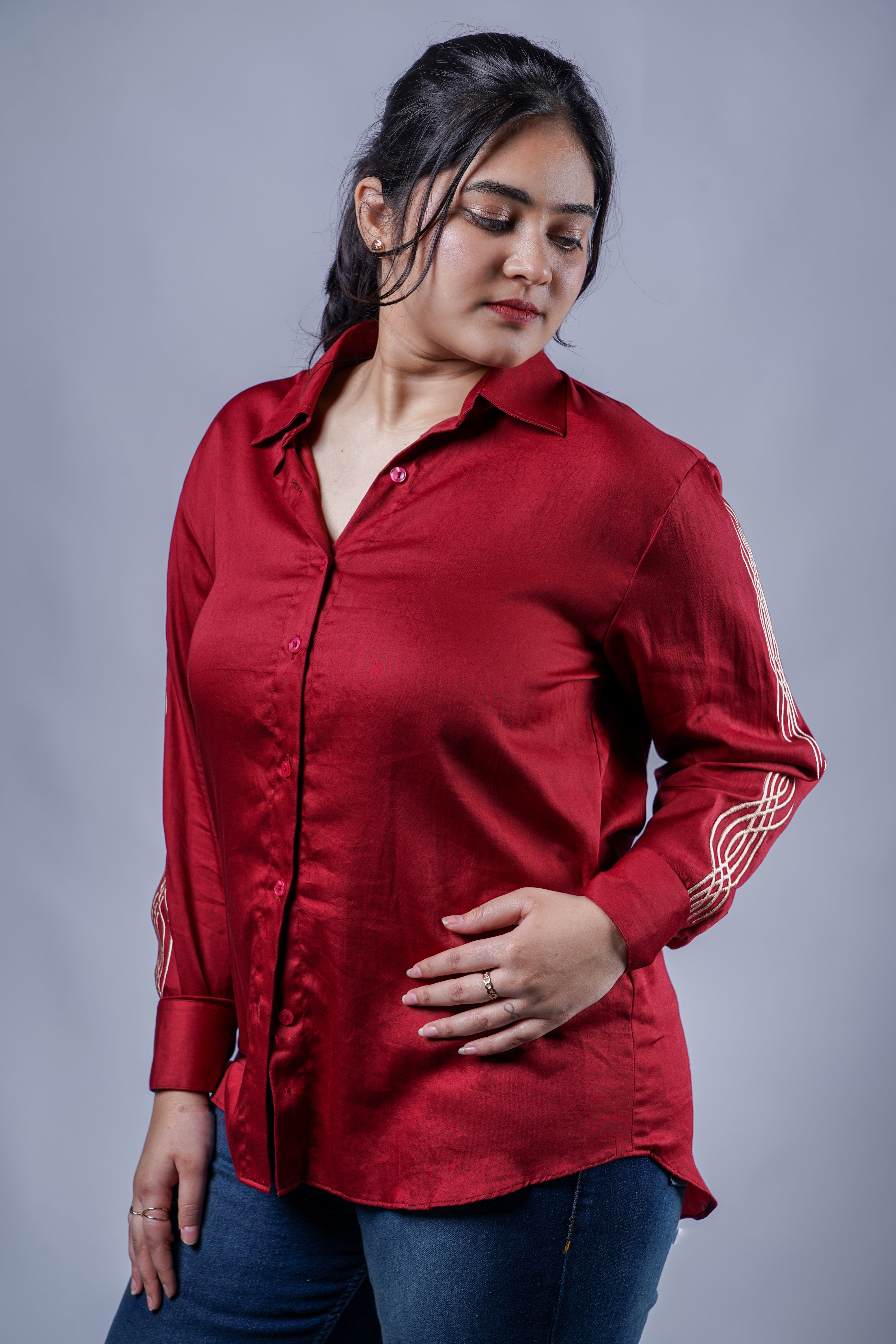 Trevae’s  Rust  Brown  Shirt with  Linear  Sleeve Embroidery
