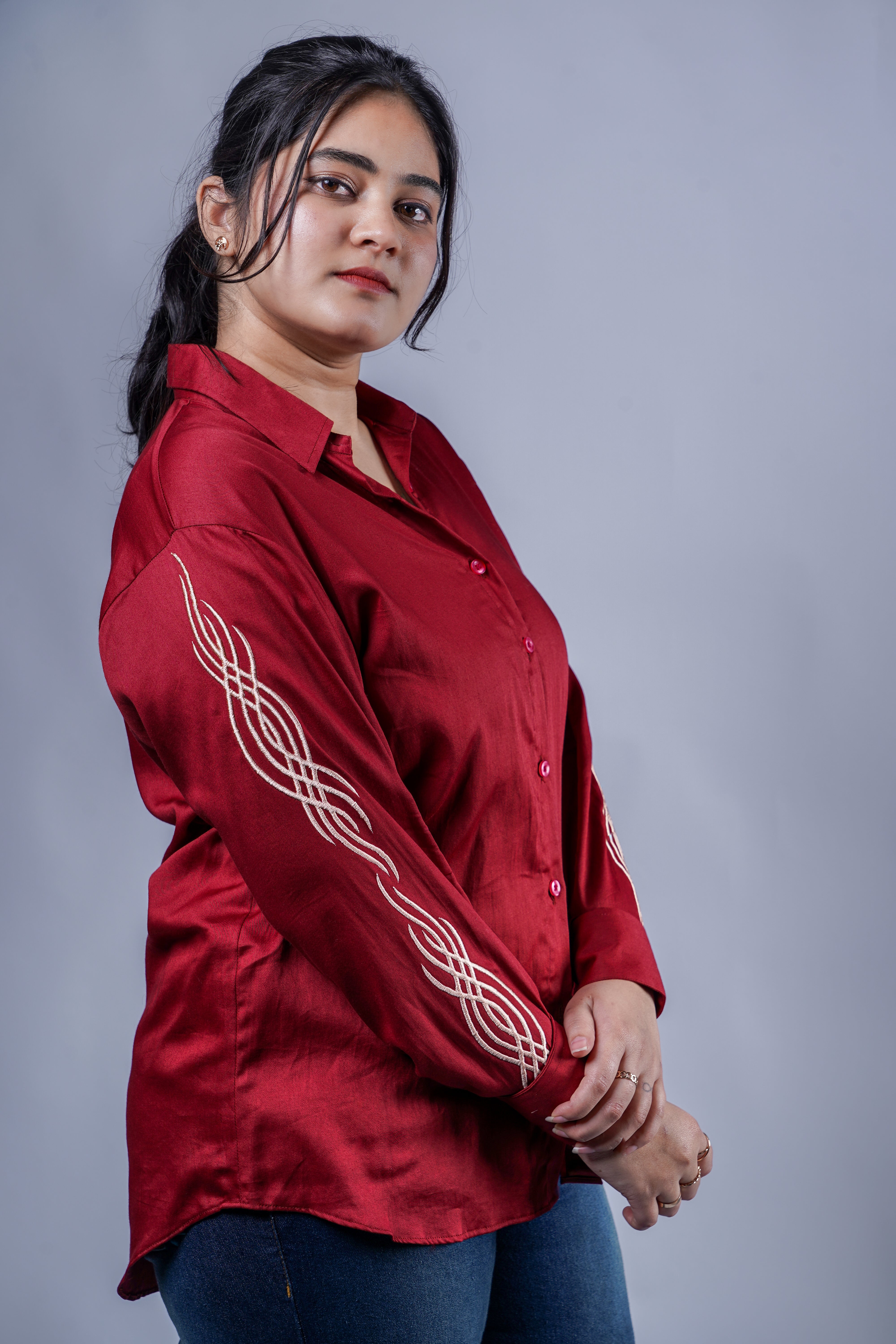 Trevae’s  Rust  Brown  Shirt with  Linear  Sleeve Embroidery