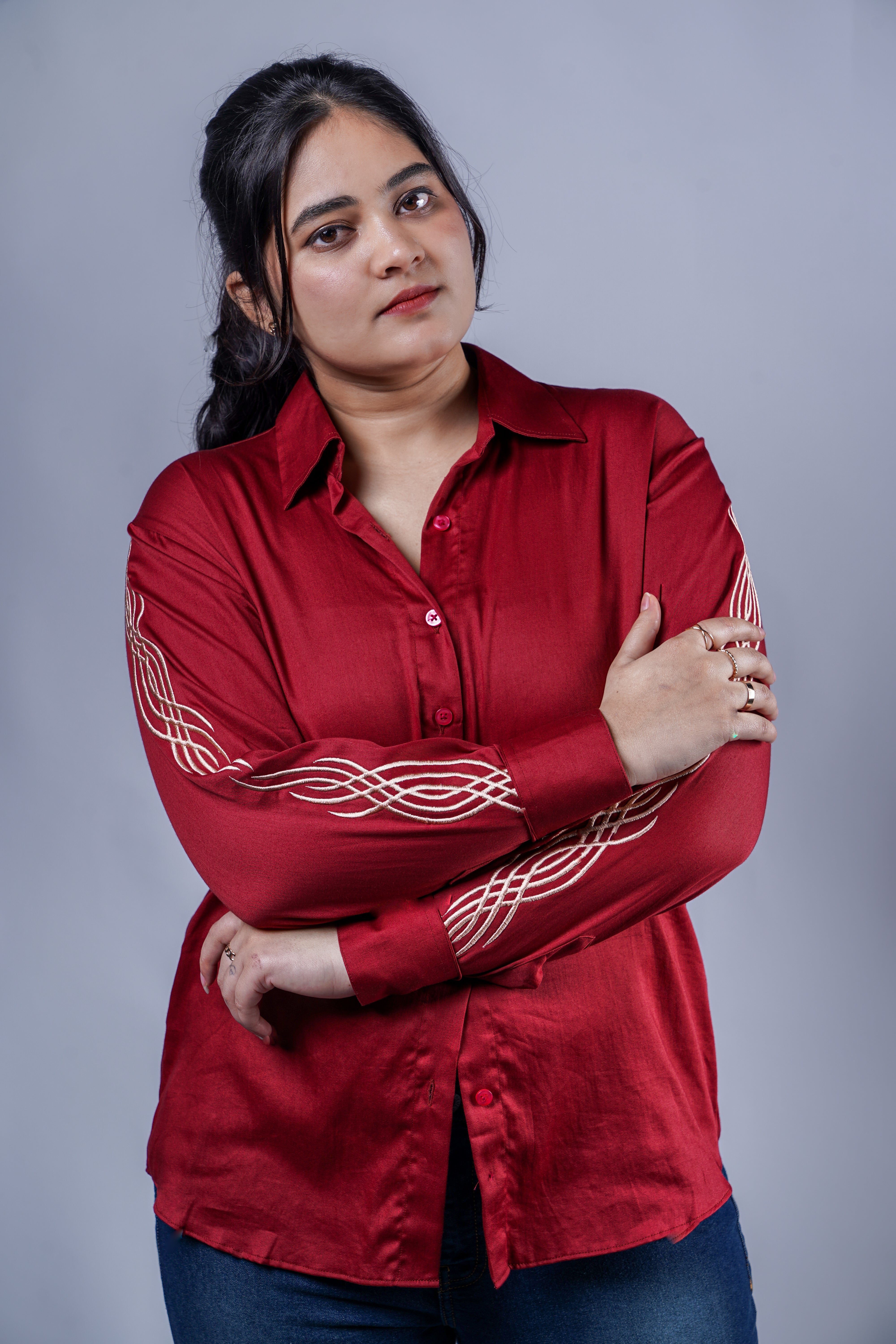 Trevae’s  Rust  Brown  Shirt with  Linear  Sleeve Embroidery