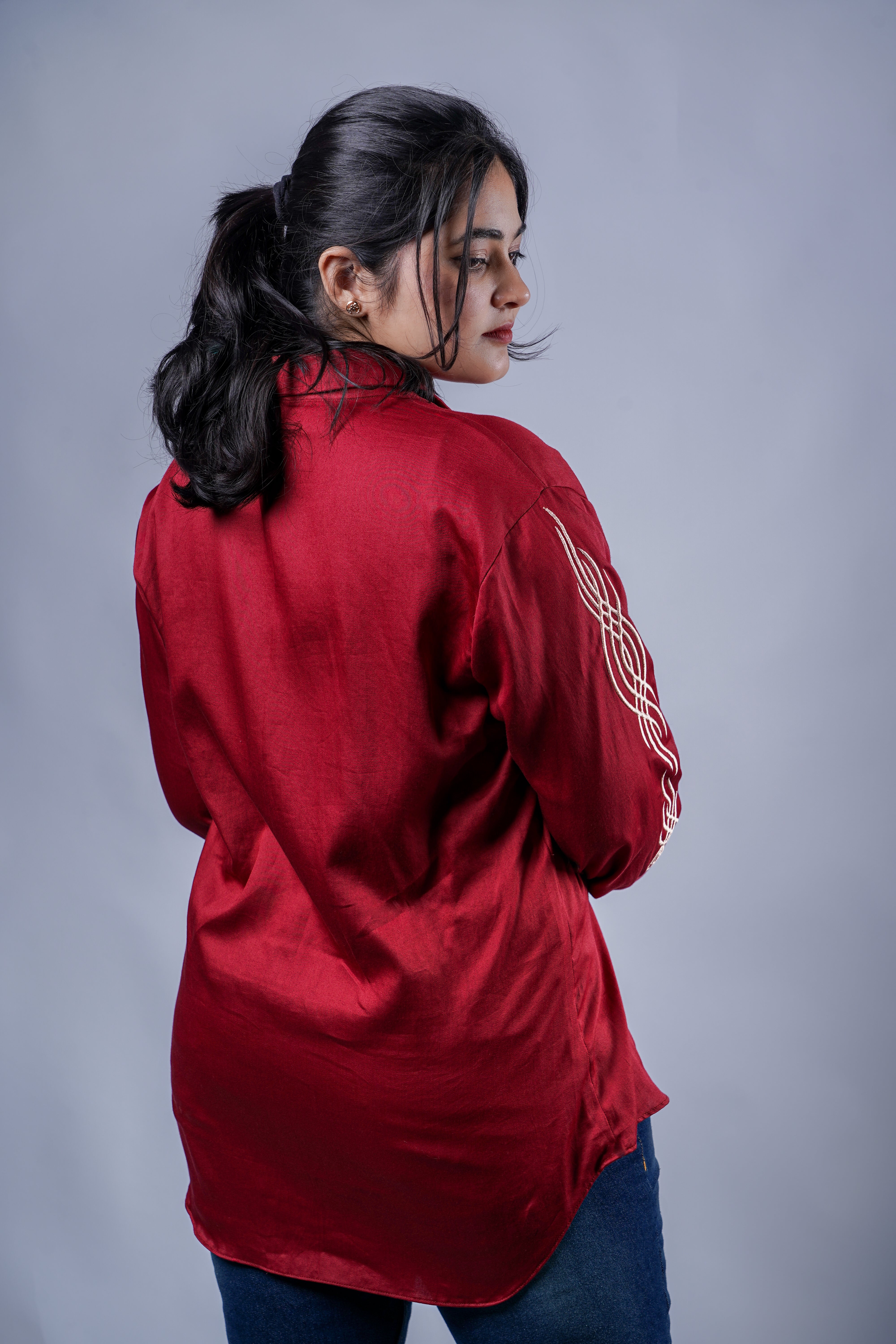 Trevae’s  Rust  Brown  Shirt with  Linear  Sleeve Embroidery