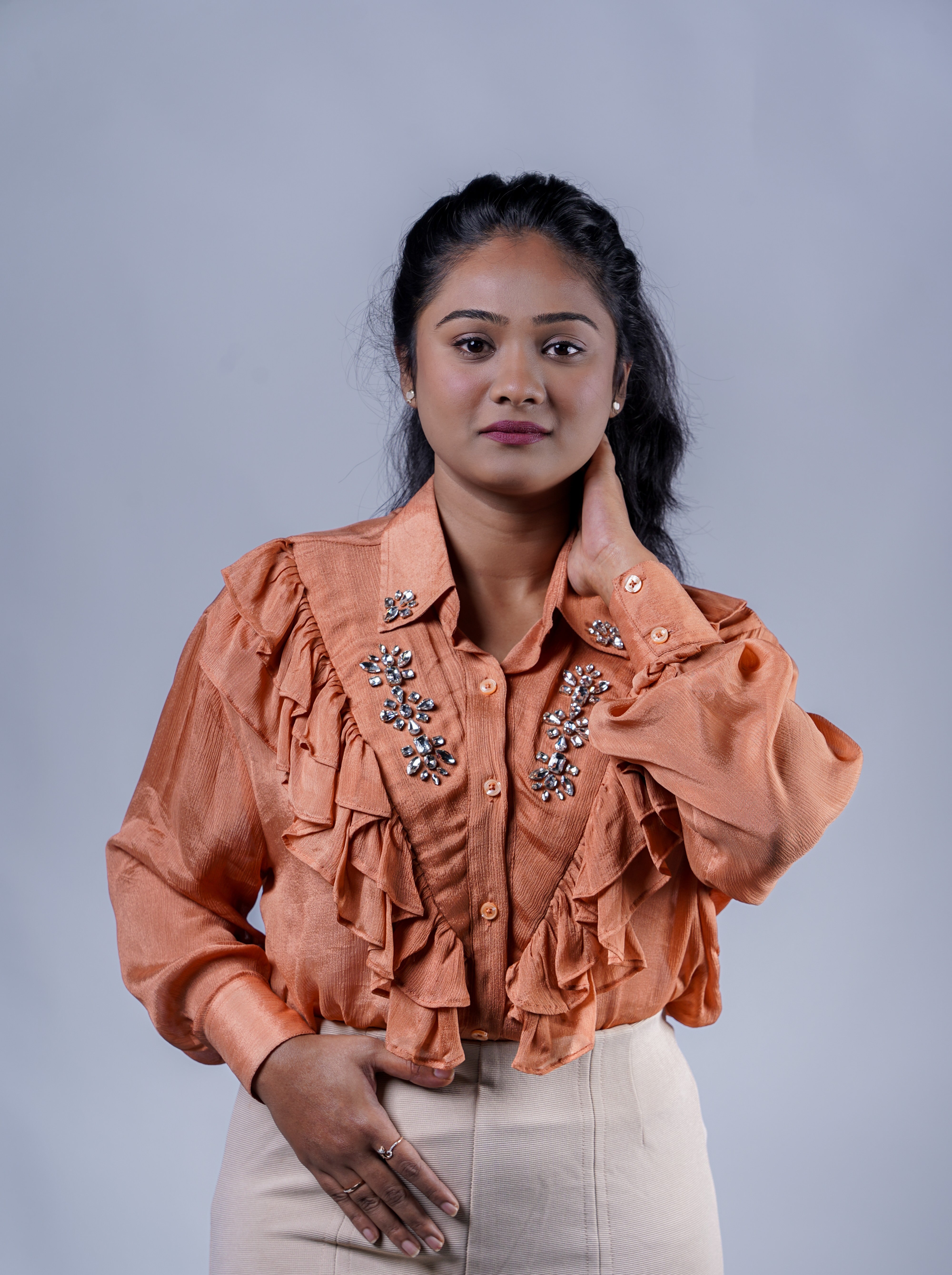 Trevae’s  Melon  Chinnon  Ruffles  Shirt