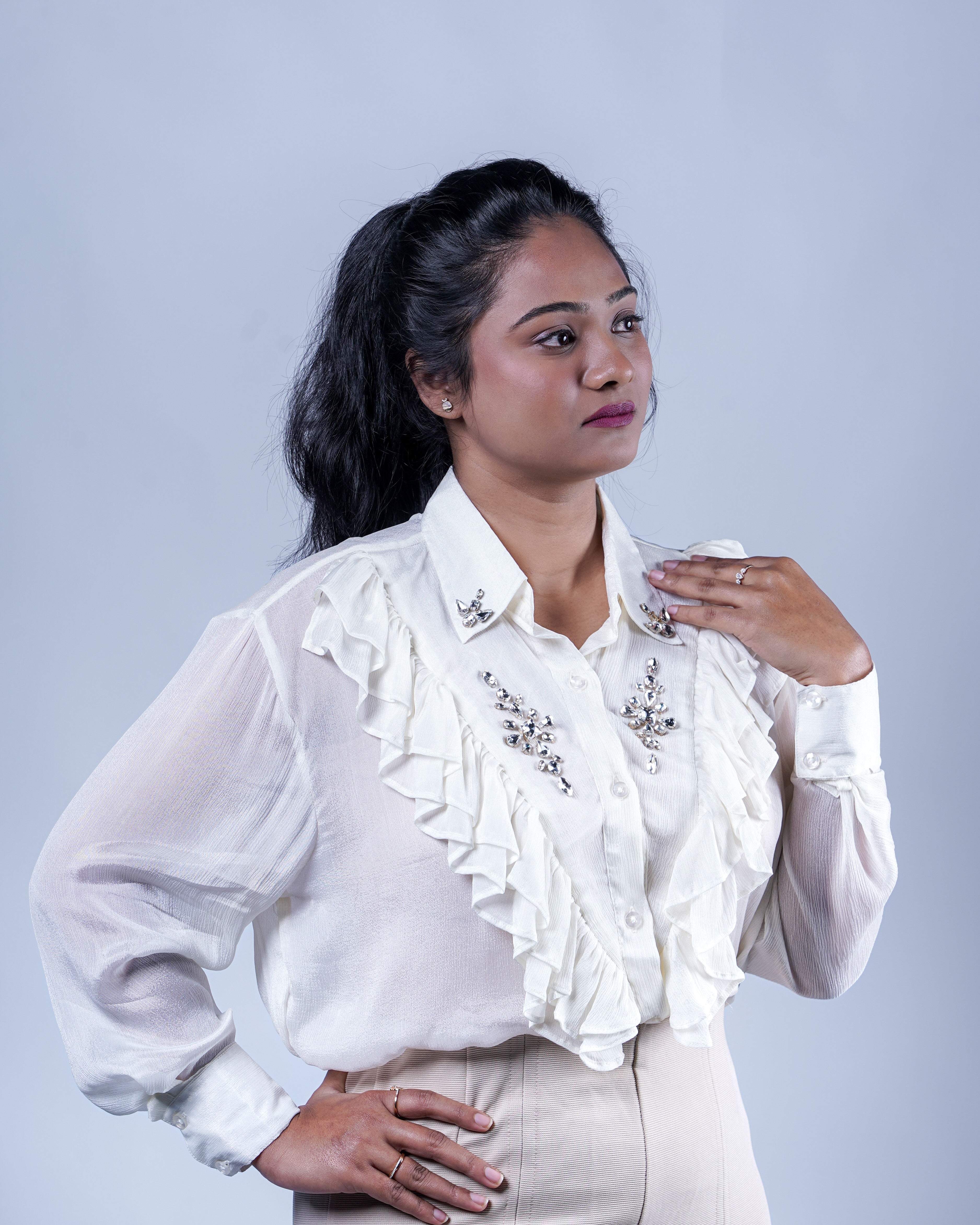 Trevae’s  Ivory  Chinnon  Ruffles  Shirt