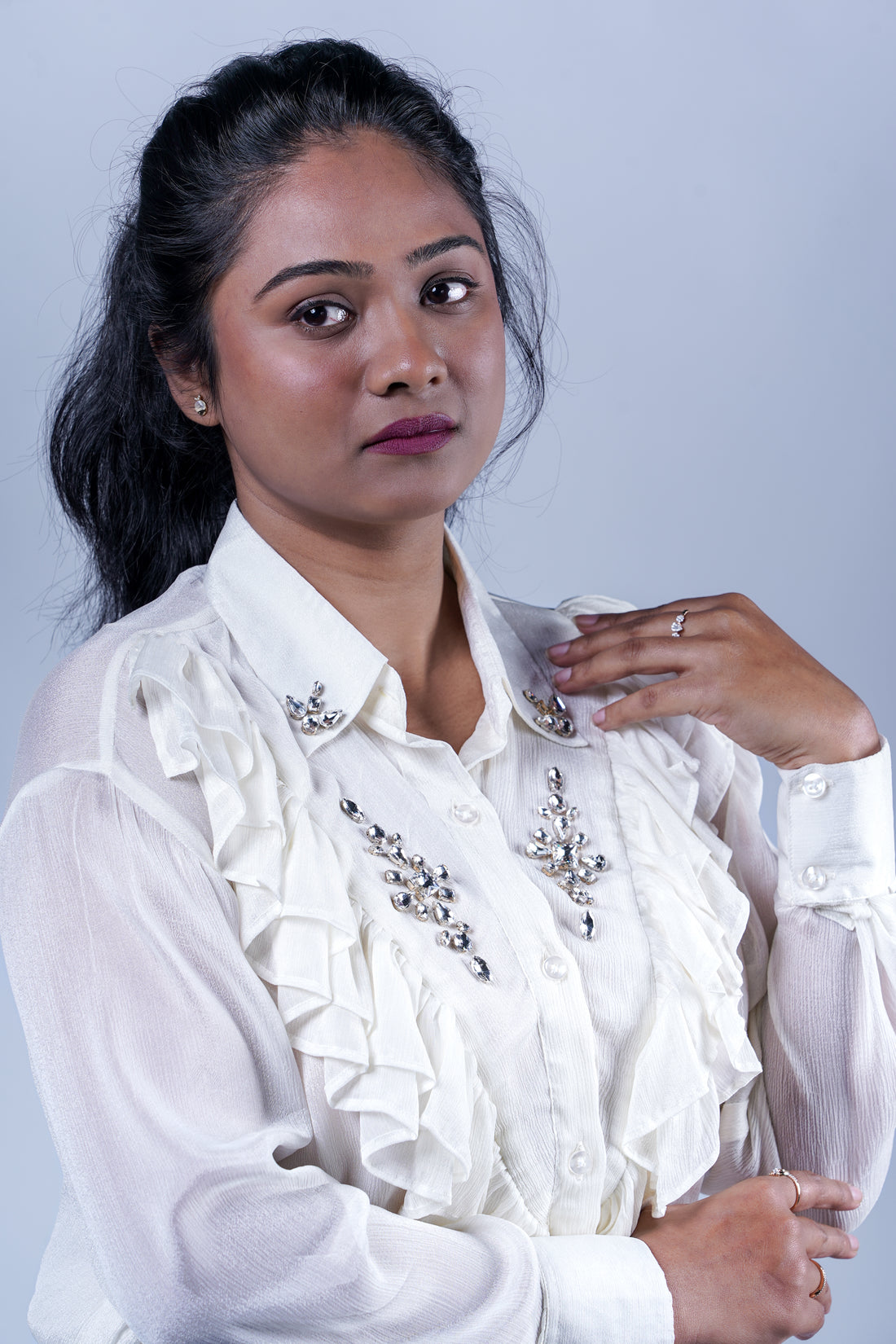 Trevae’s  Ivory  Chinnon  Ruffles  Shirt