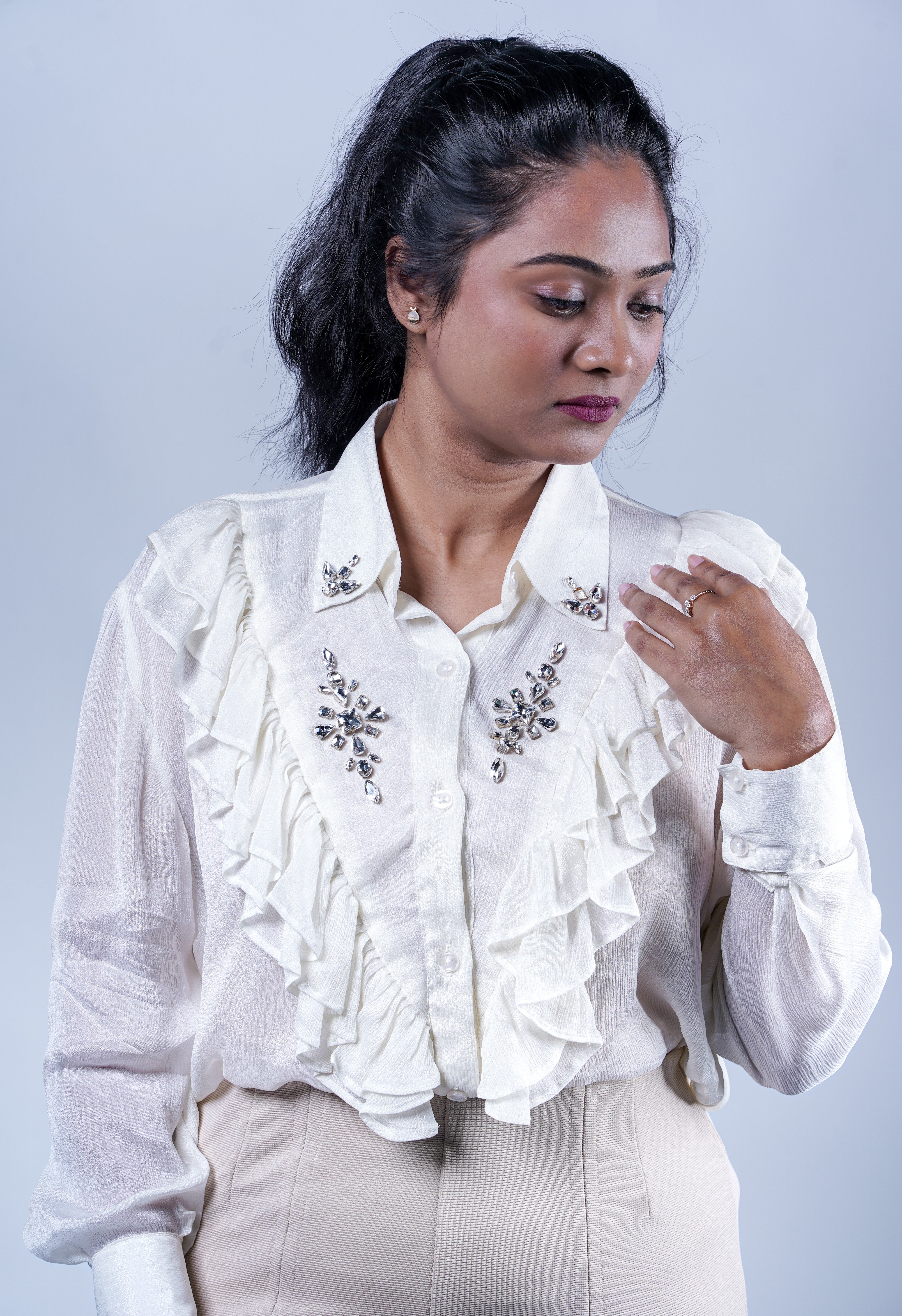 Trevae’s  Ivory  Chinnon  Ruffles  Shirt