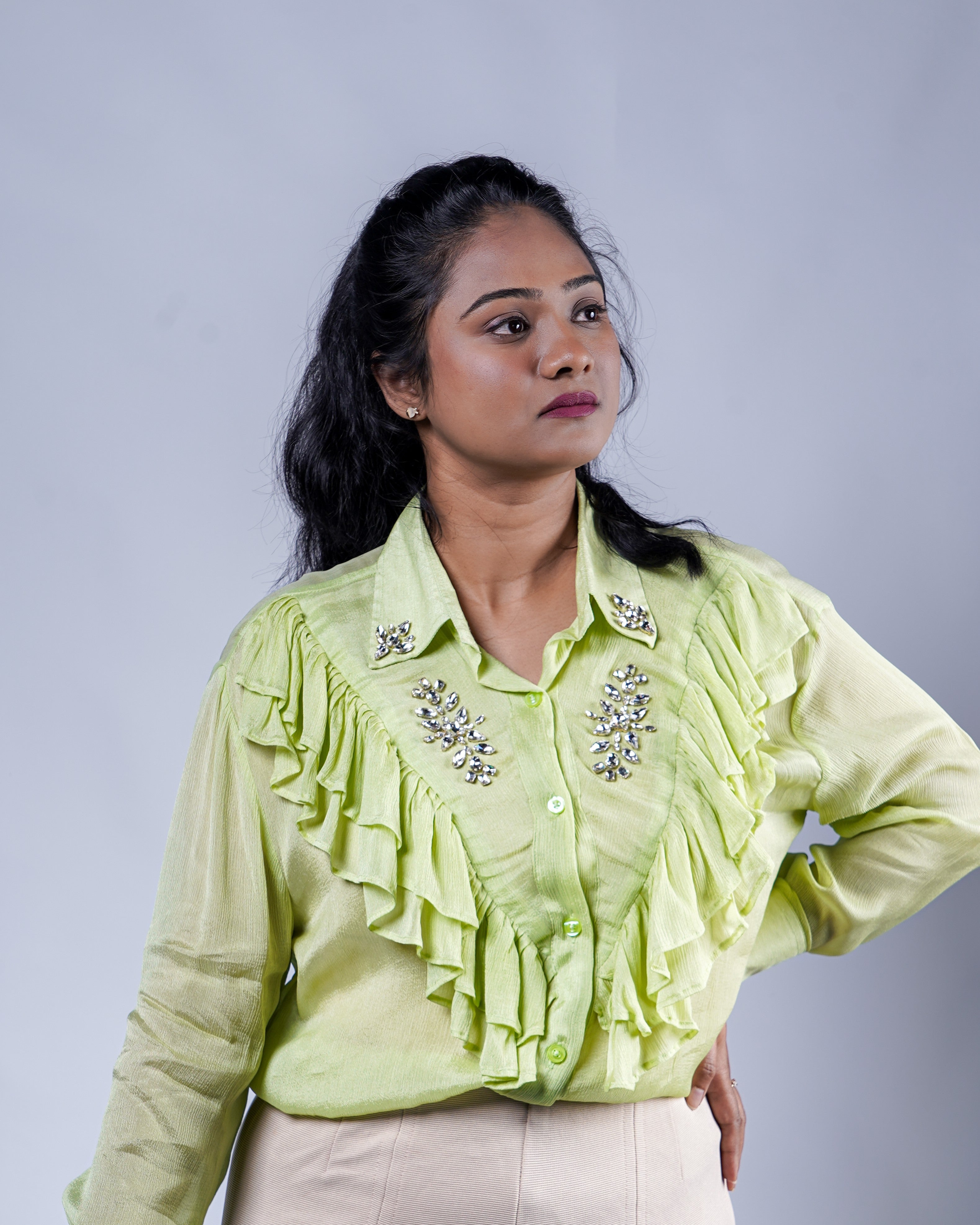 Trevae’s  Pistachio  Green  Chinnon  Ruffles  Shirt