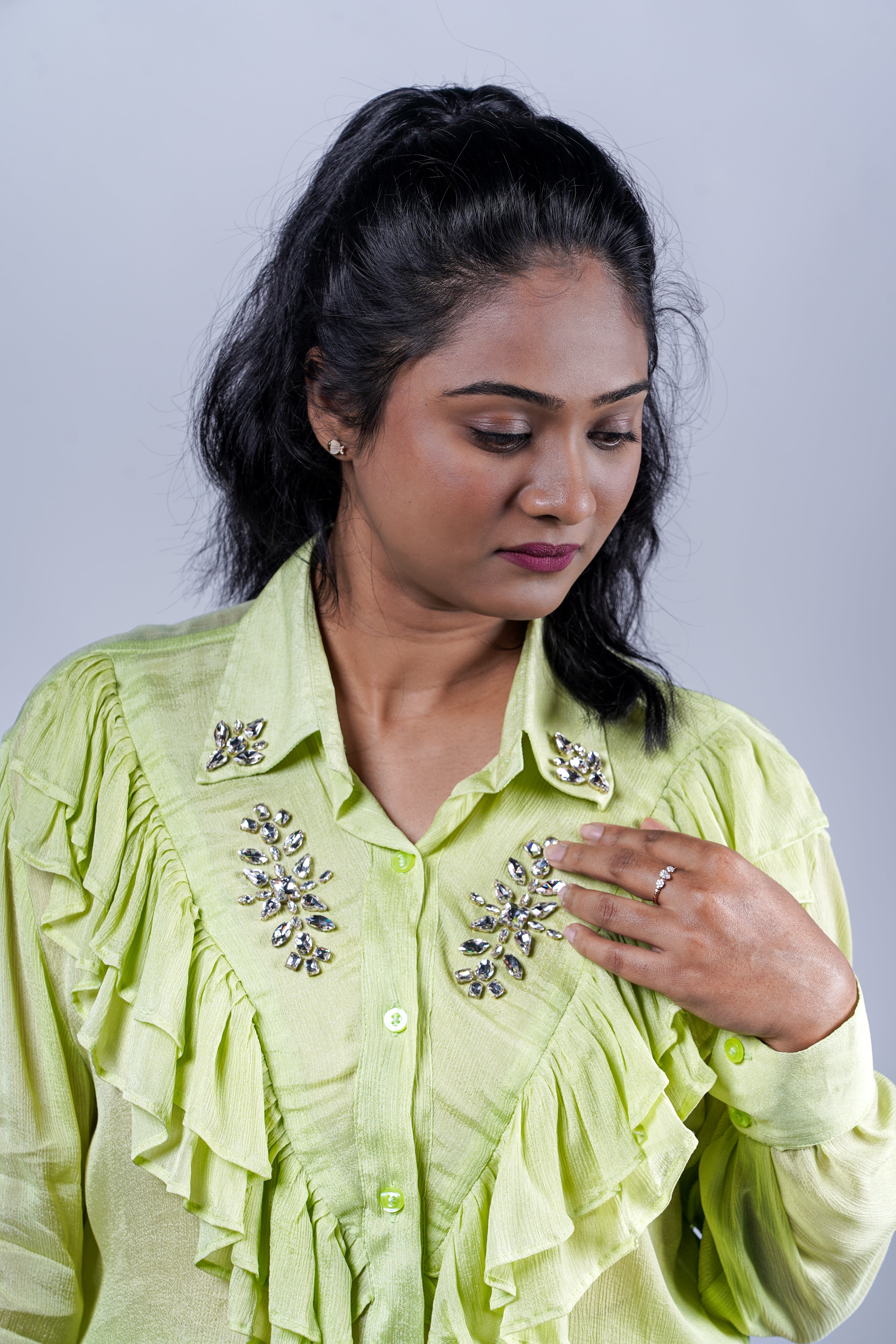 Trevae’s  Pistachio  Green  Chinnon  Ruffles  Shirt