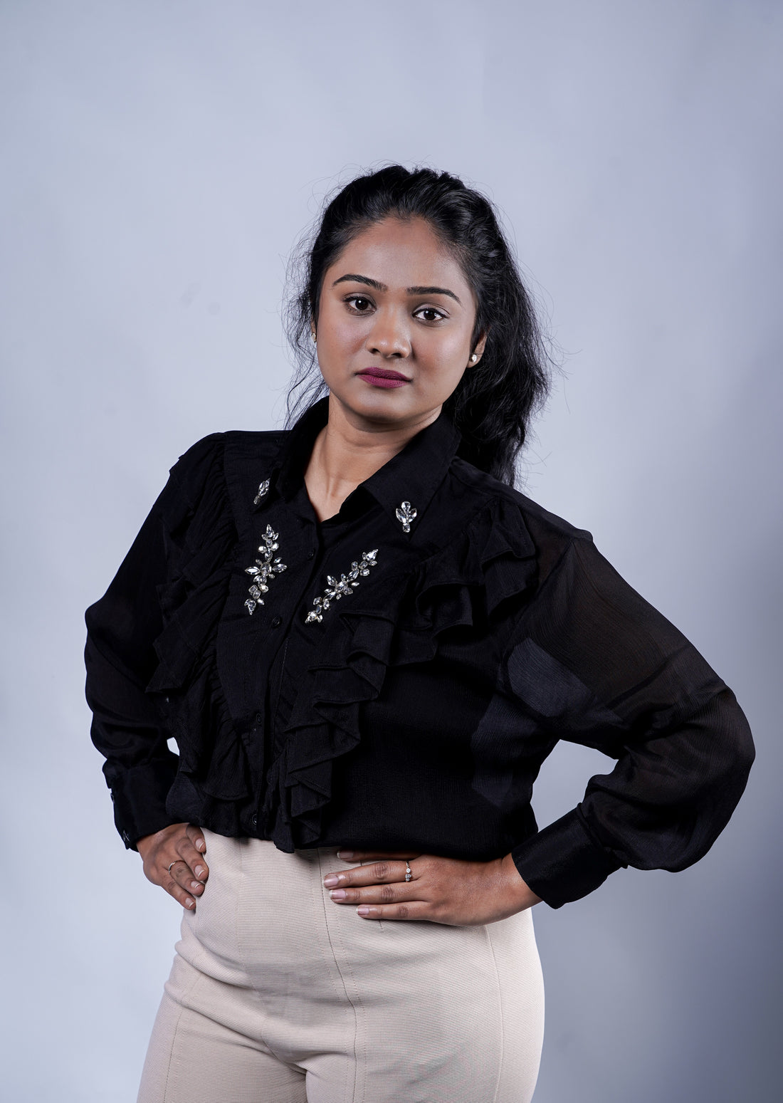 Trevae’s  Black  Chinnon  Ruffles  Shirt