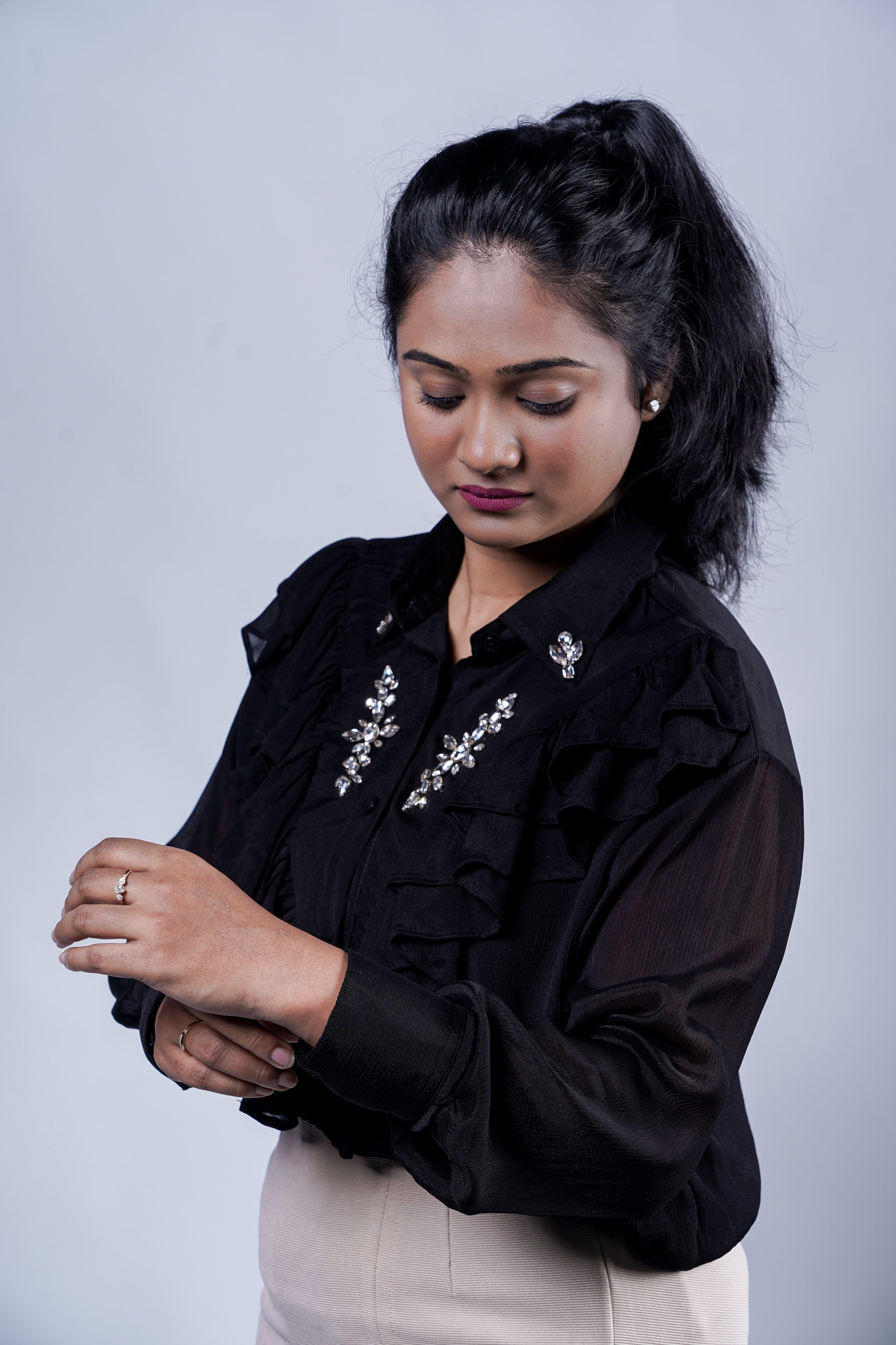 Trevae’s  Black  Chinnon  Ruffles  Shirt