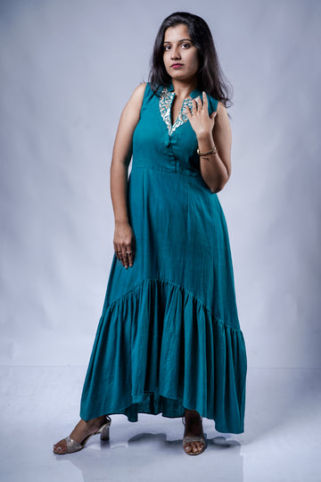 Trevae’s  Rama Green  Asymmetrical  Pleated  Dress