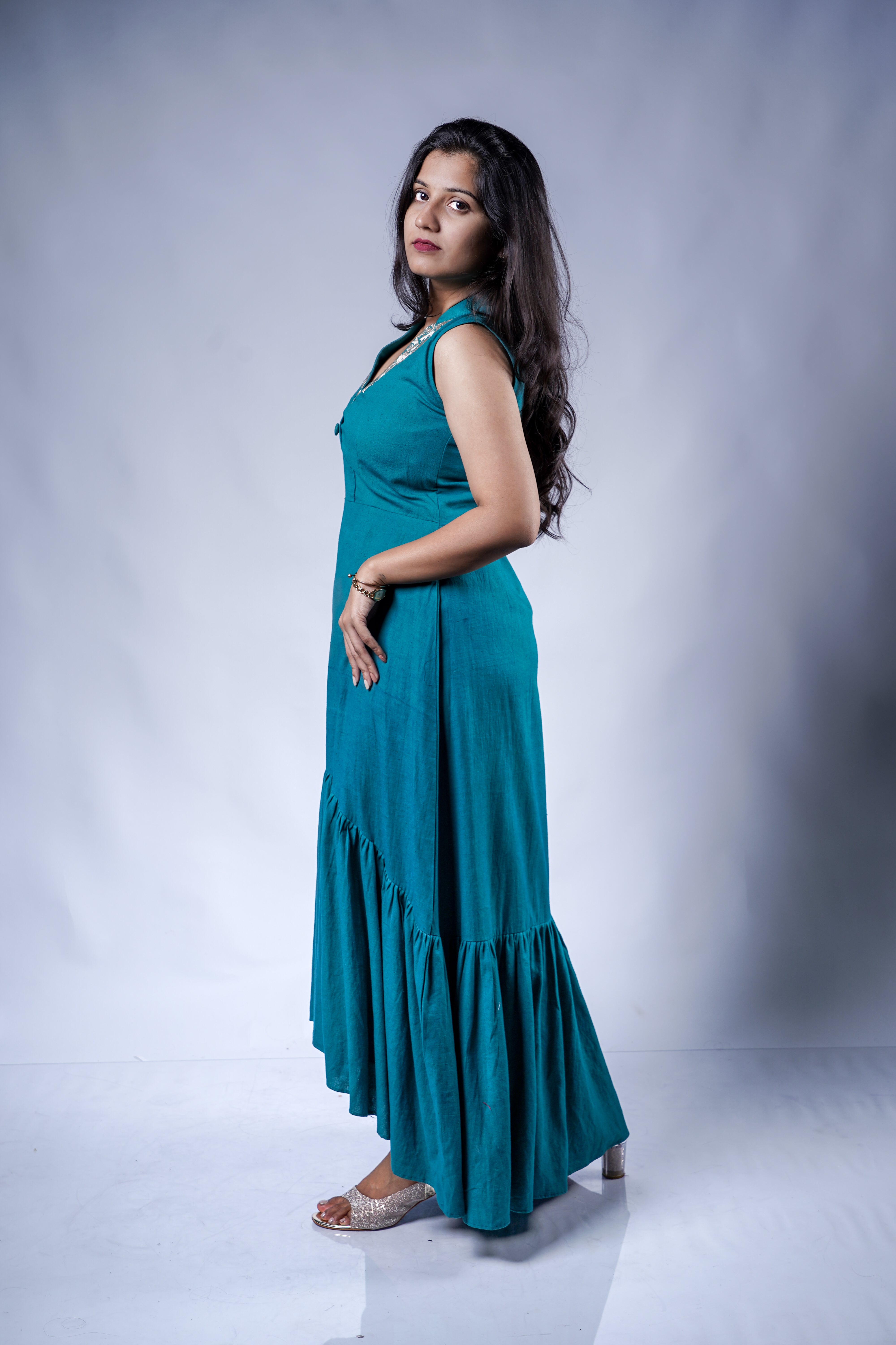 Trevae’s  Rama Green  Asymmetrical  Pleated  Dress