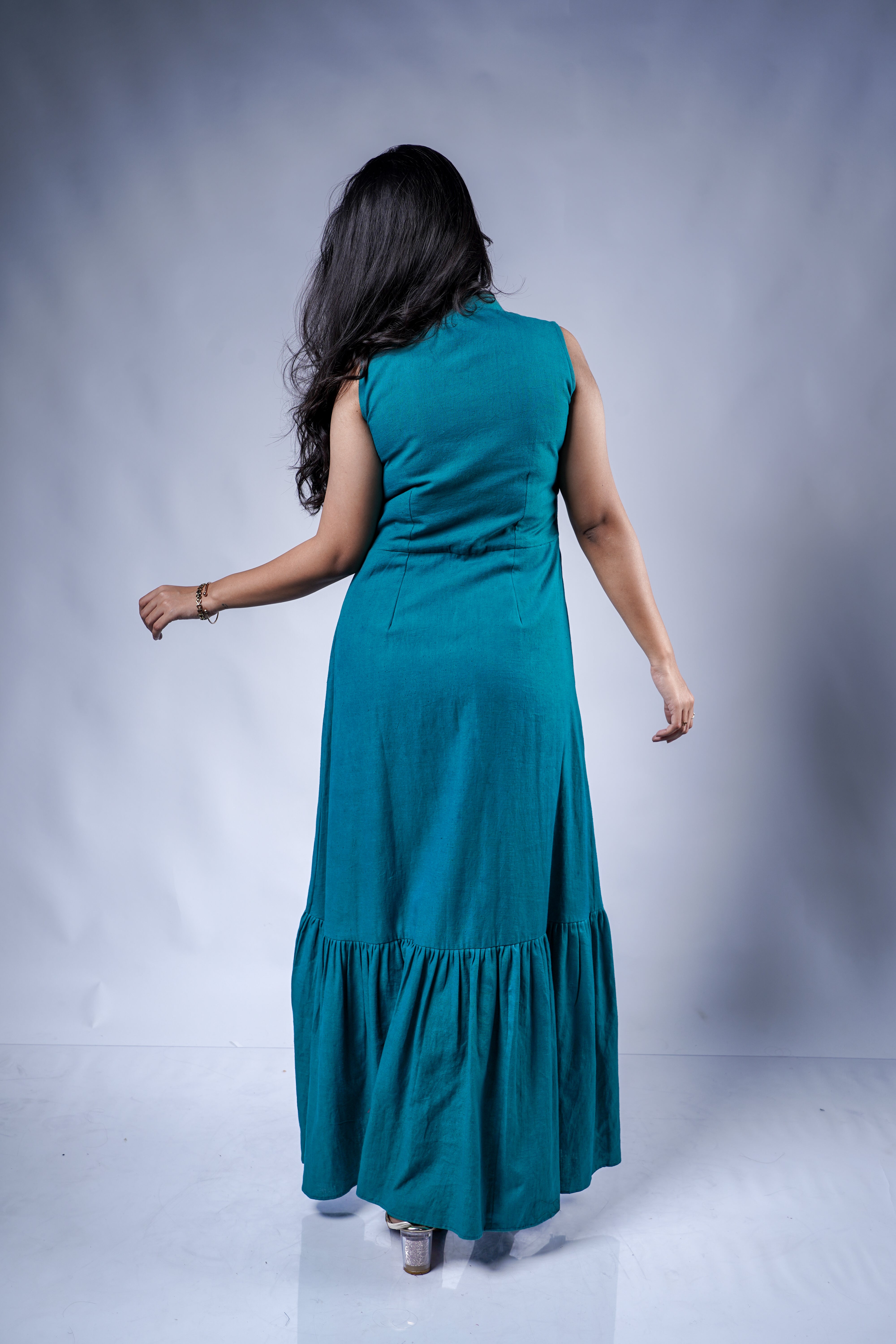 Trevae’s  Rama Green  Asymmetrical  Pleated  Dress