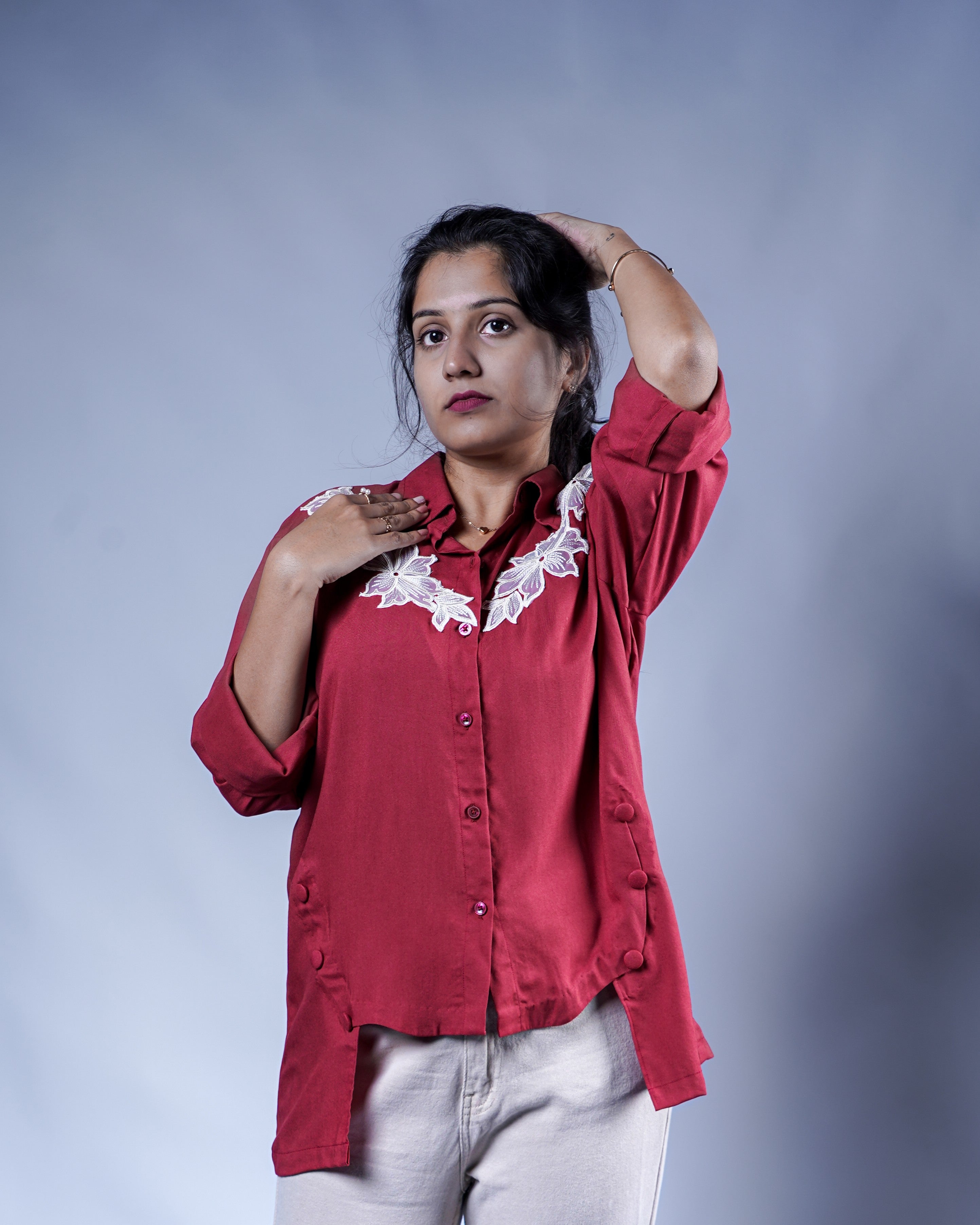 Trevae’s Crimson Bloom High-Low Shirt