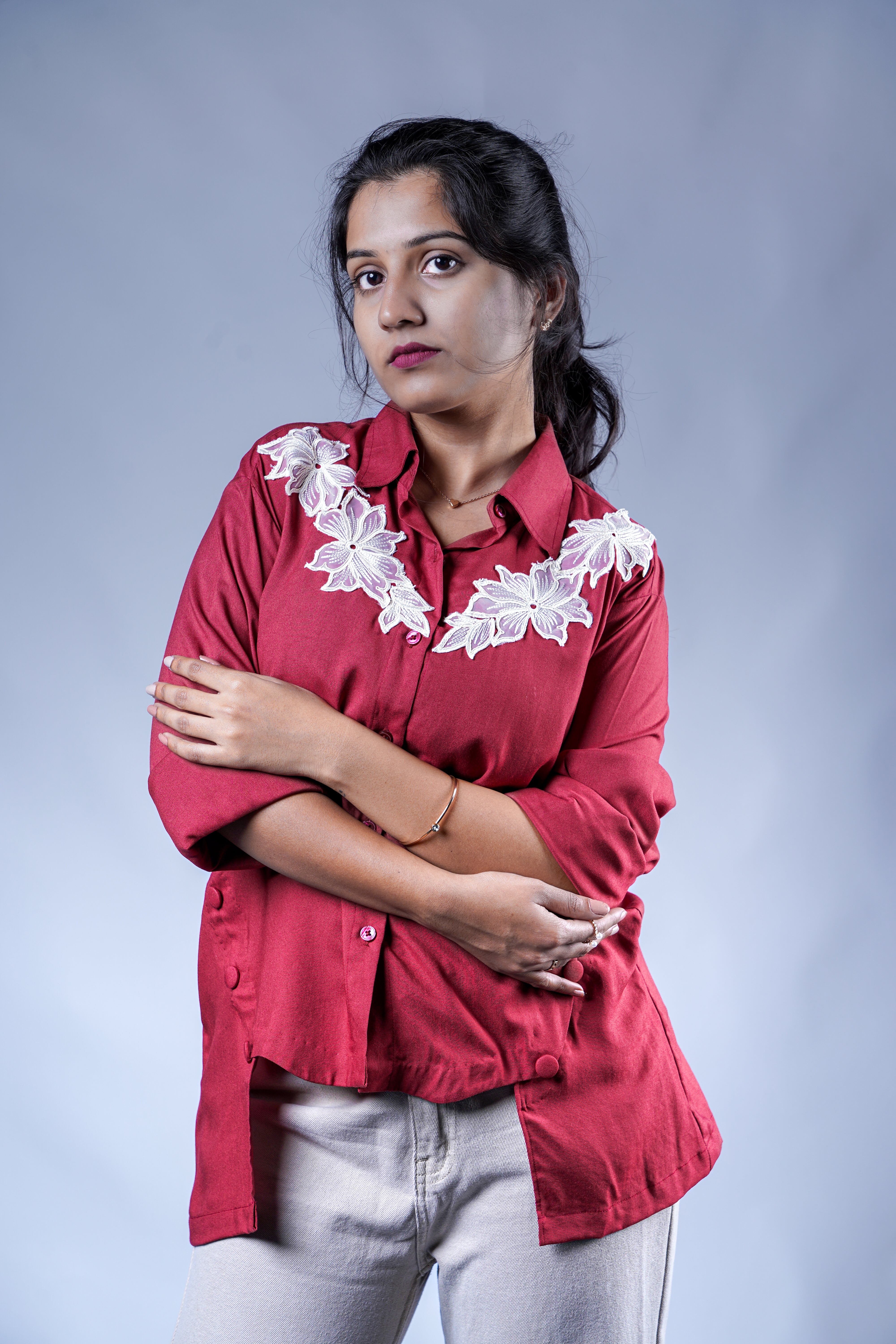Trevae’s Crimson Bloom High-Low Shirt