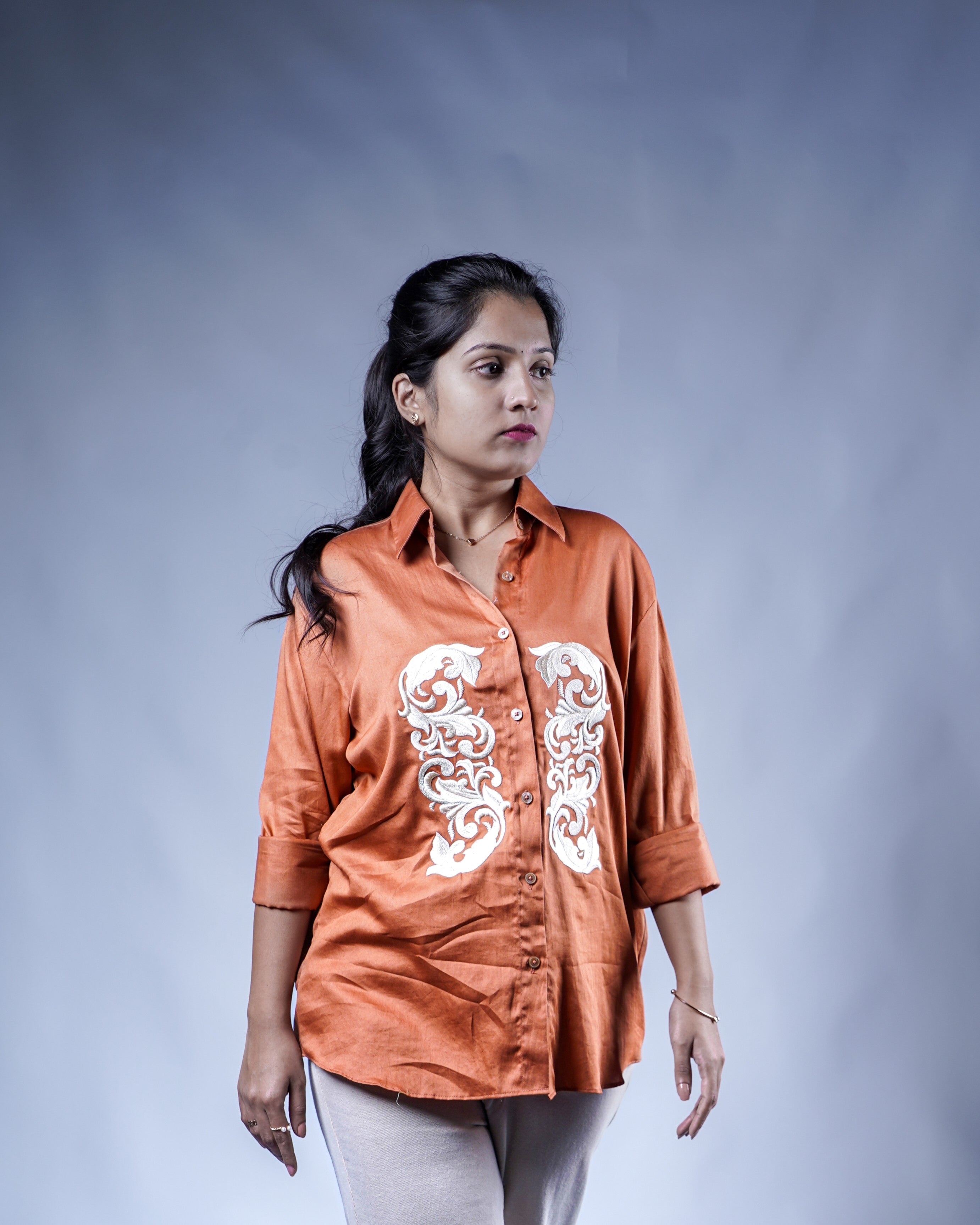 Trevae’s  Caramel  Brown  Shirt with  Twin  Front  Embroidery Panels