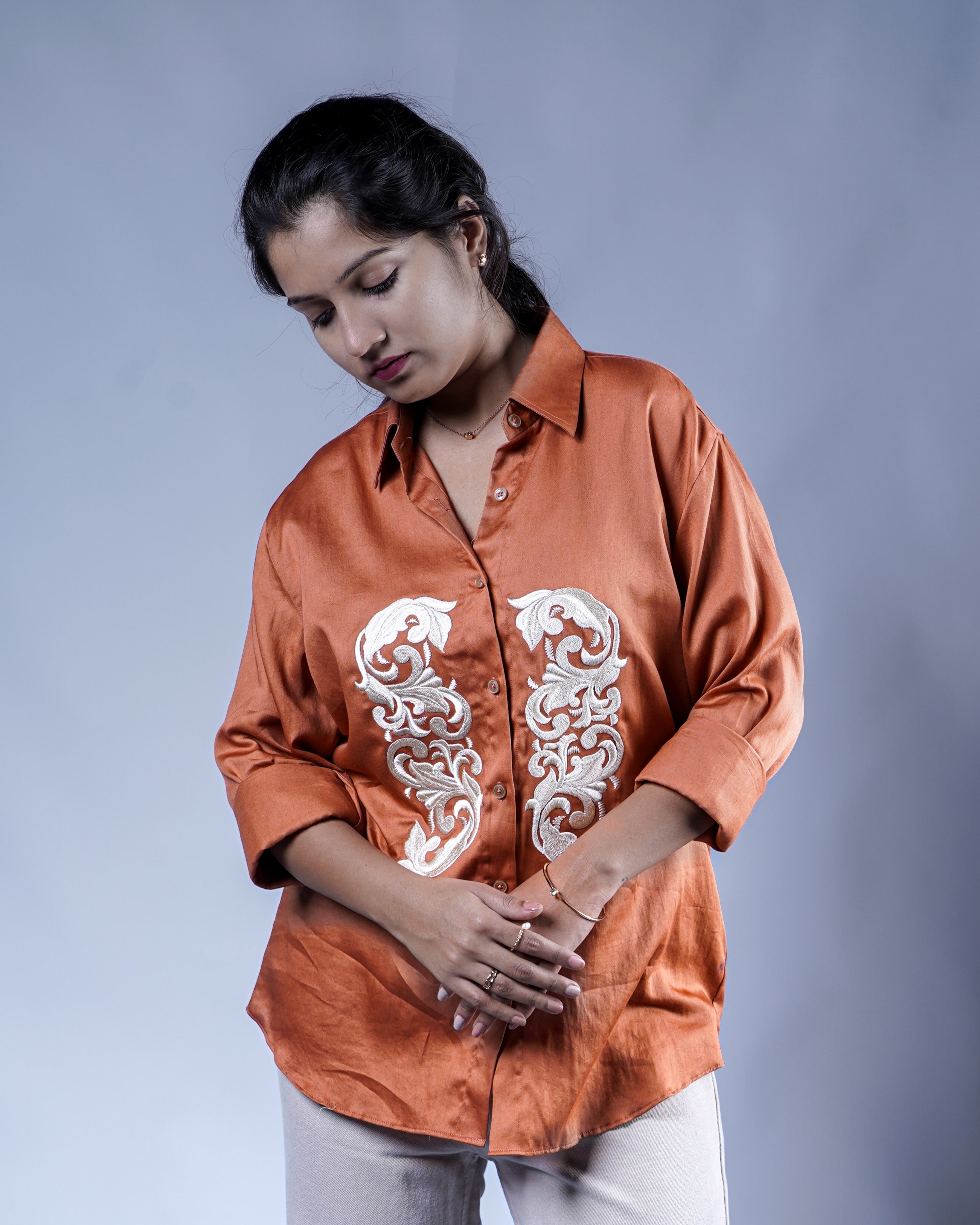 Trevae’s  Caramel  Brown  Shirt with  Twin  Front  Embroidery Panels