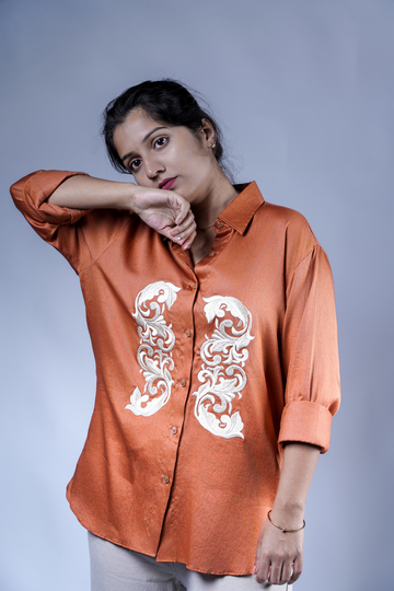 Trevae’s  Caramel  Brown  Shirt with  Twin  Front  Embroidery Panels