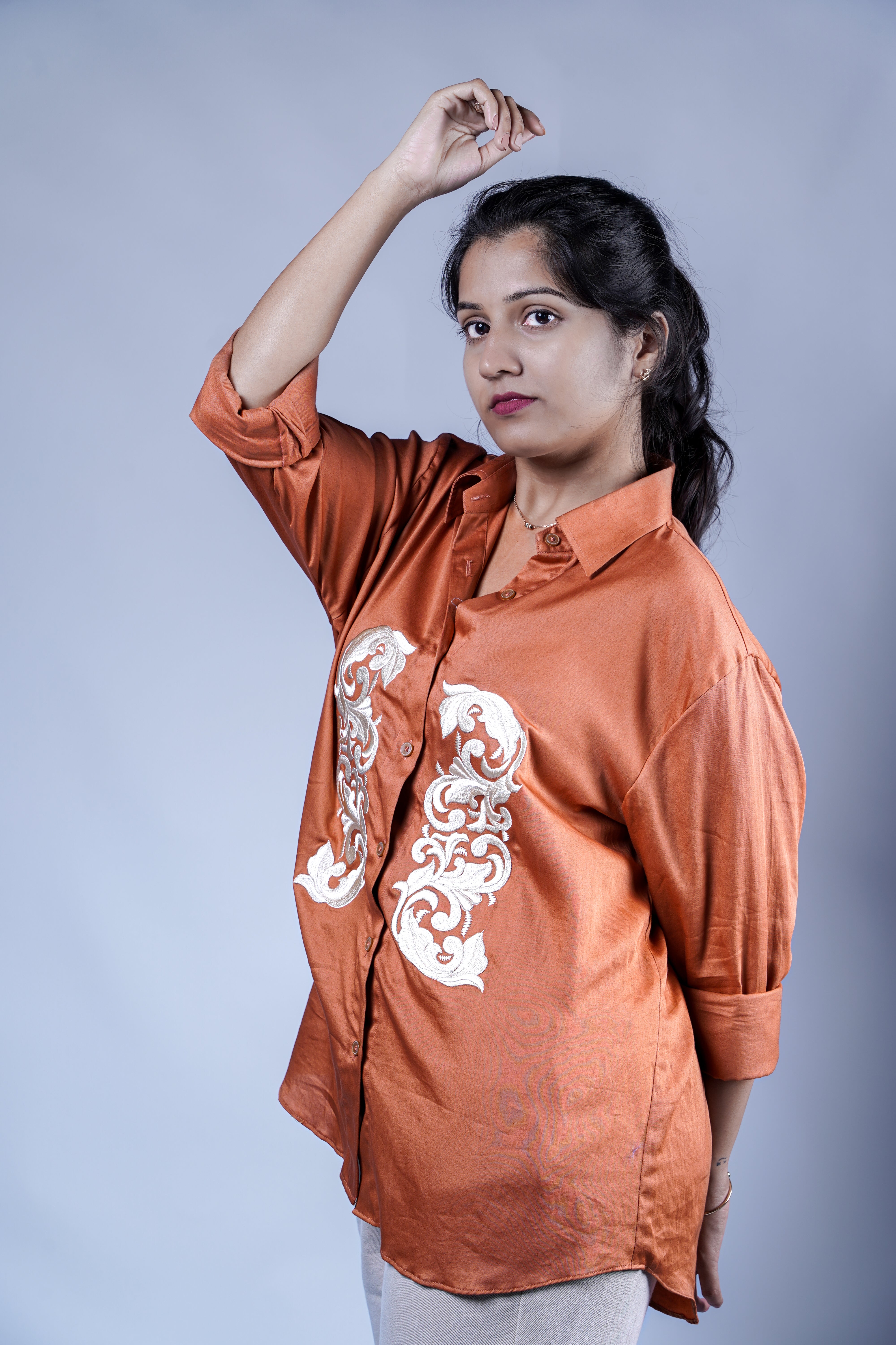 Trevae’s  Caramel  Brown  Shirt with  Twin  Front  Embroidery Panels