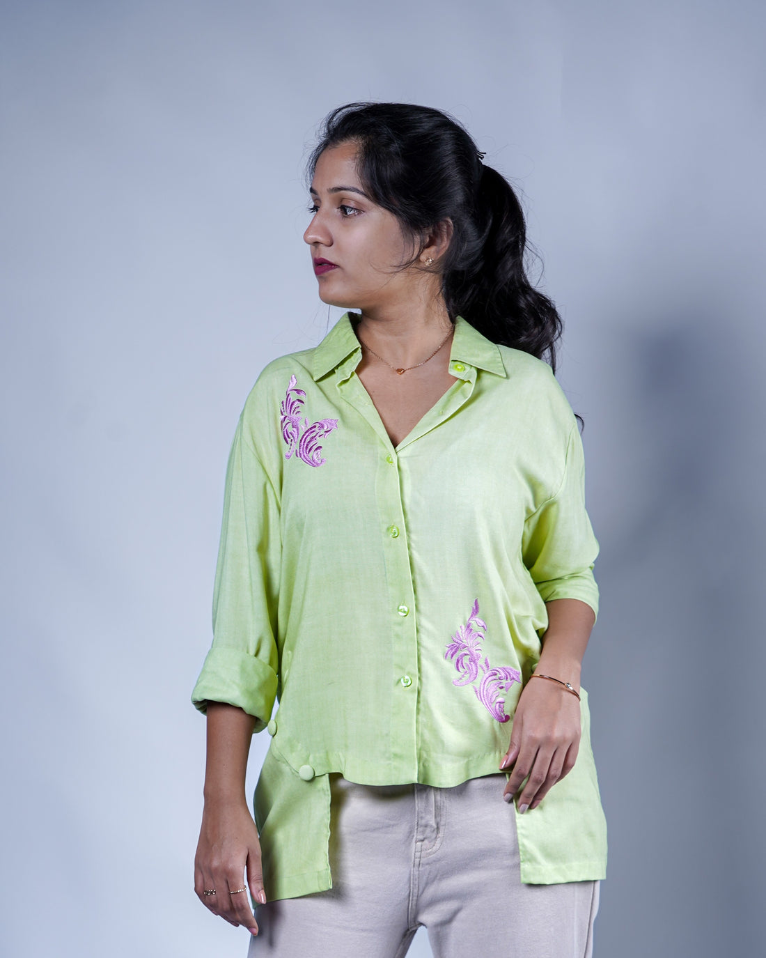 Trevae’s  Pistachio  Green  Rayon  High-Low  Shirt with  Soft  Embroidery