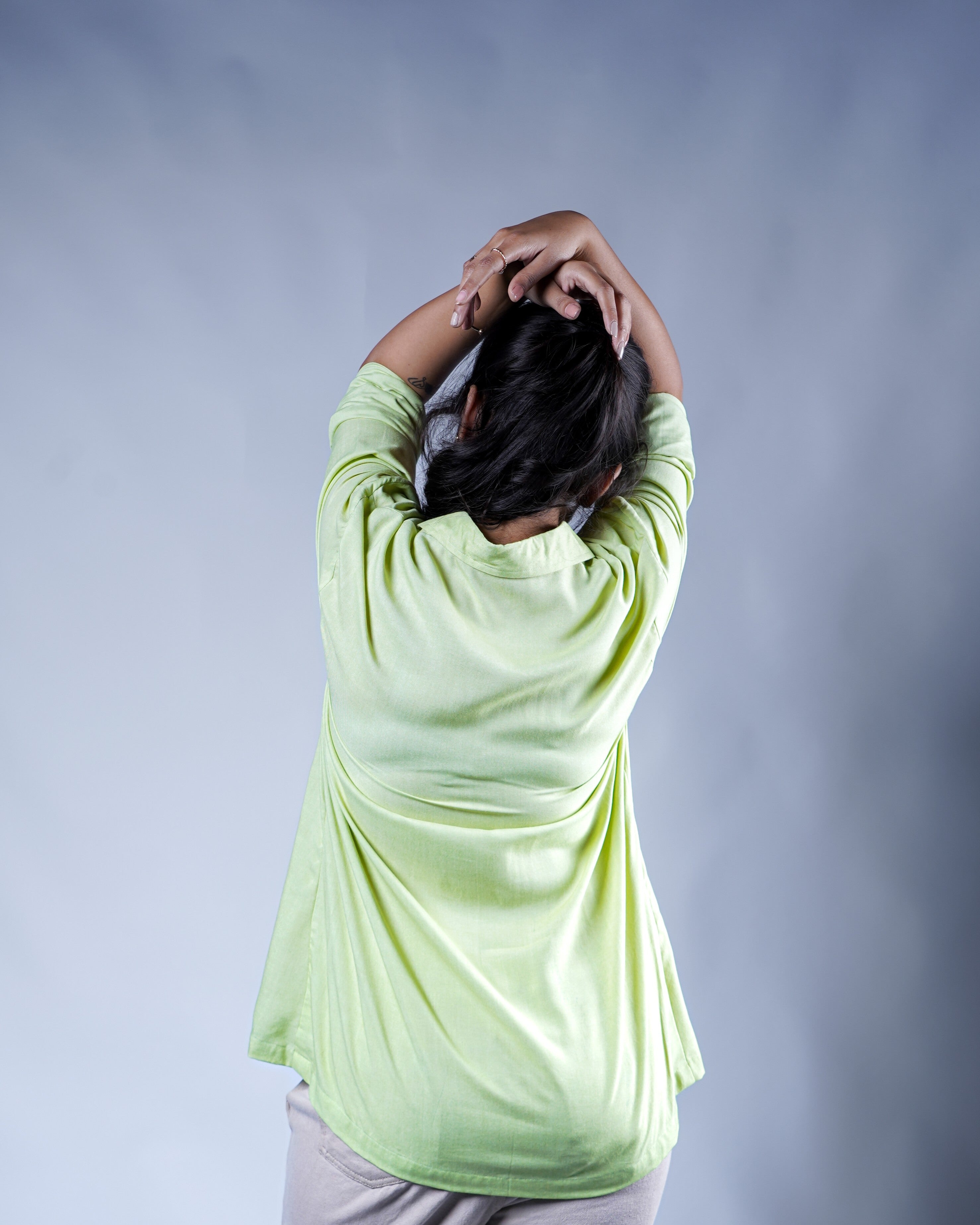 Trevae’s  Pistachio  Green  Rayon  High-Low  Shirt with  Soft  Embroidery