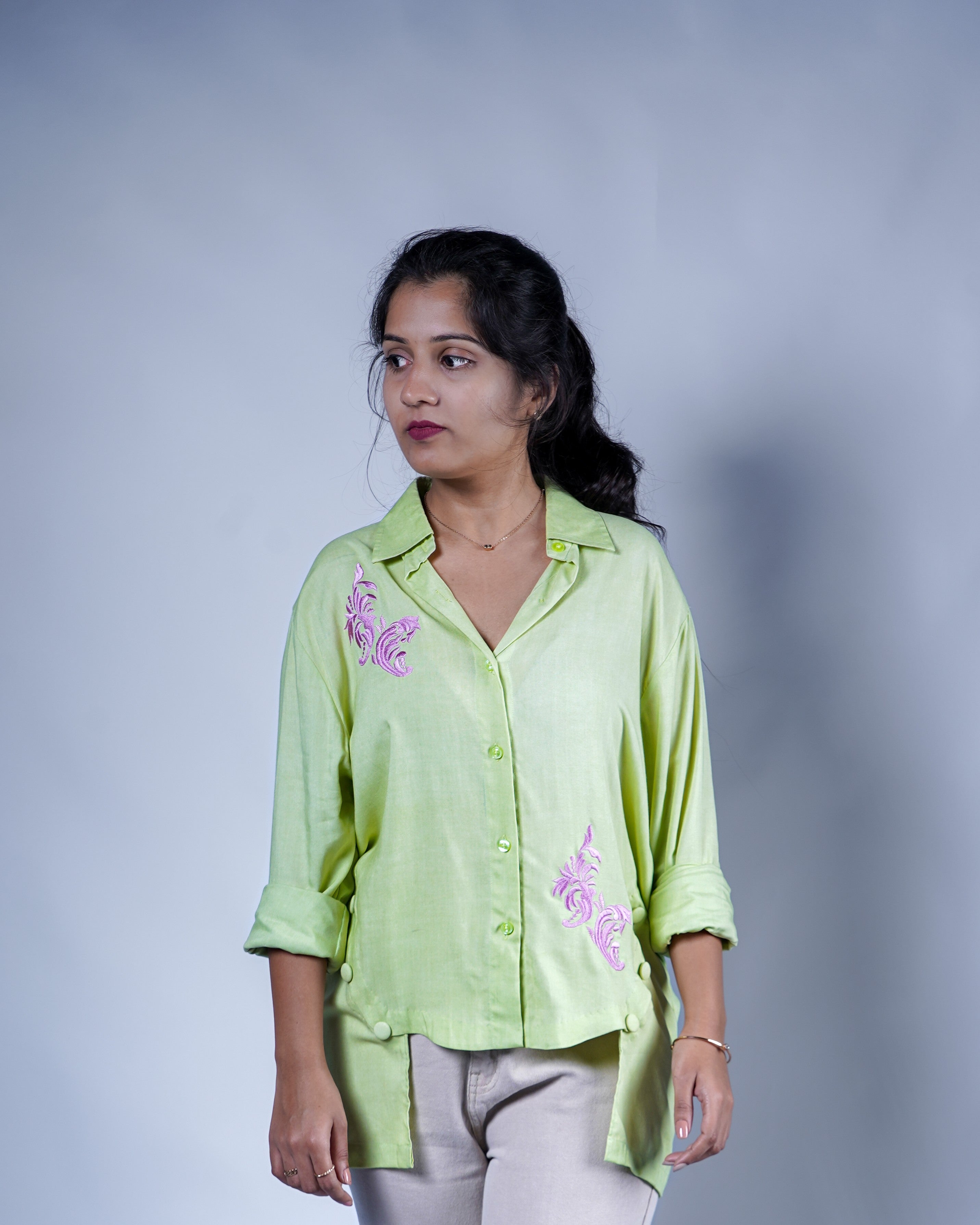Trevae’s  Pistachio  Green  Rayon  High-Low  Shirt with  Soft  Embroidery