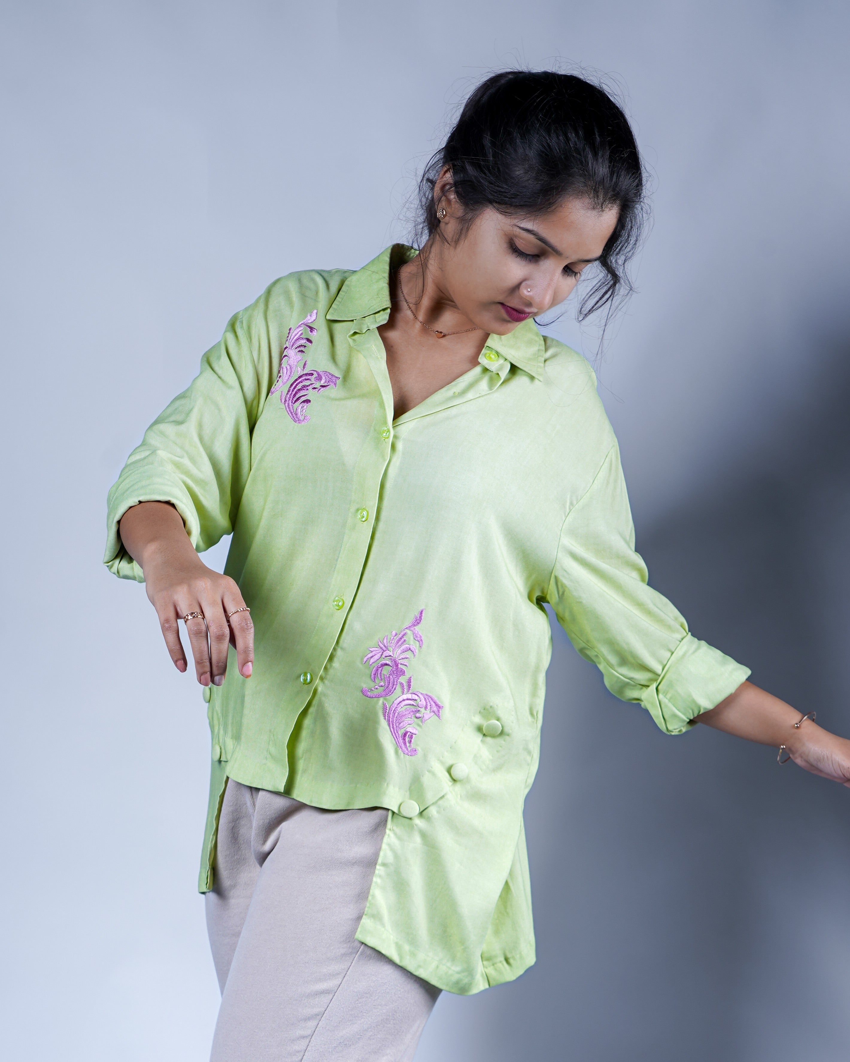 Trevae’s  Pistachio  Green  Rayon  High-Low  Shirt with  Soft  Embroidery