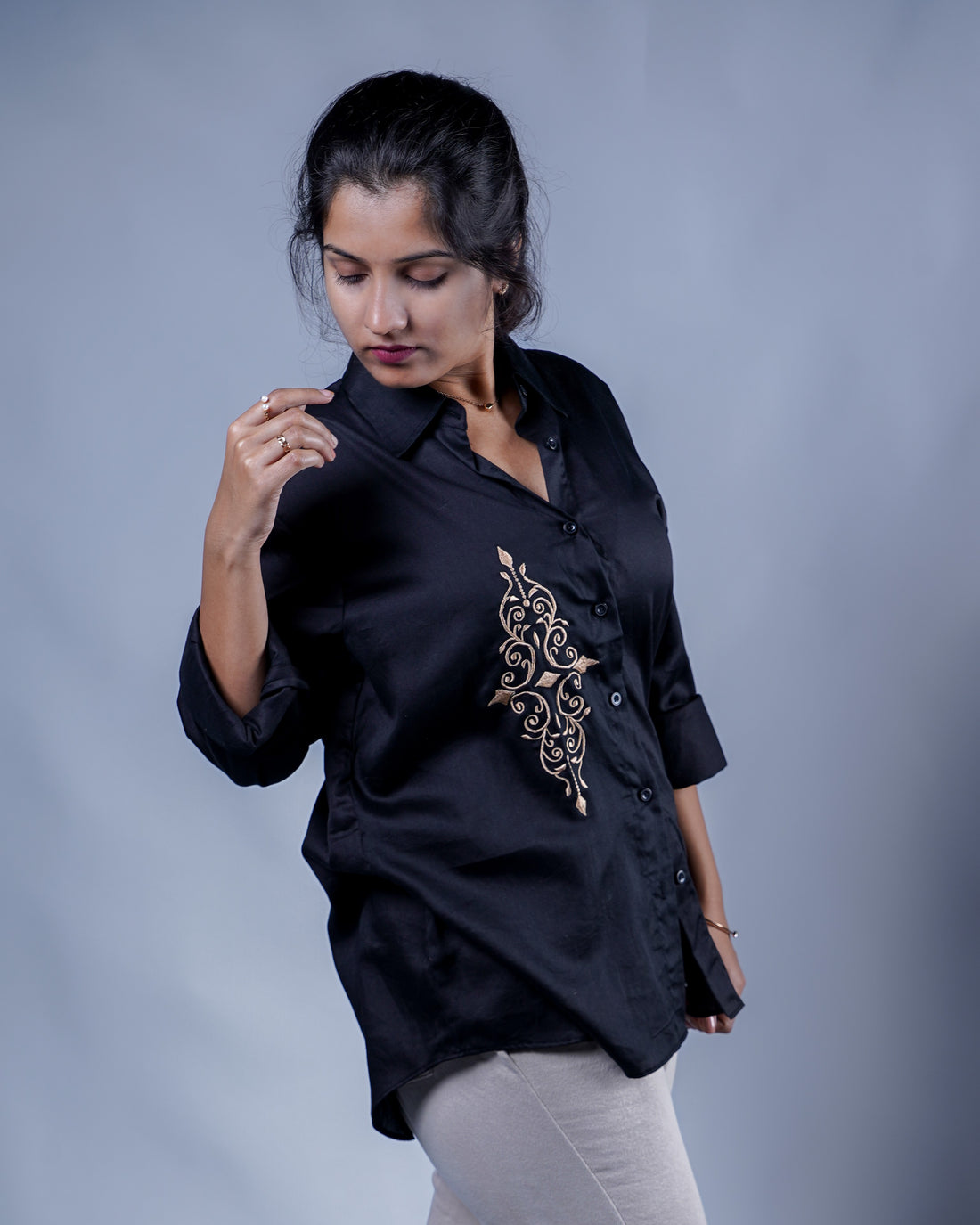 Trevae’s  Black  Shirt with Asymmetrical Front  Motif