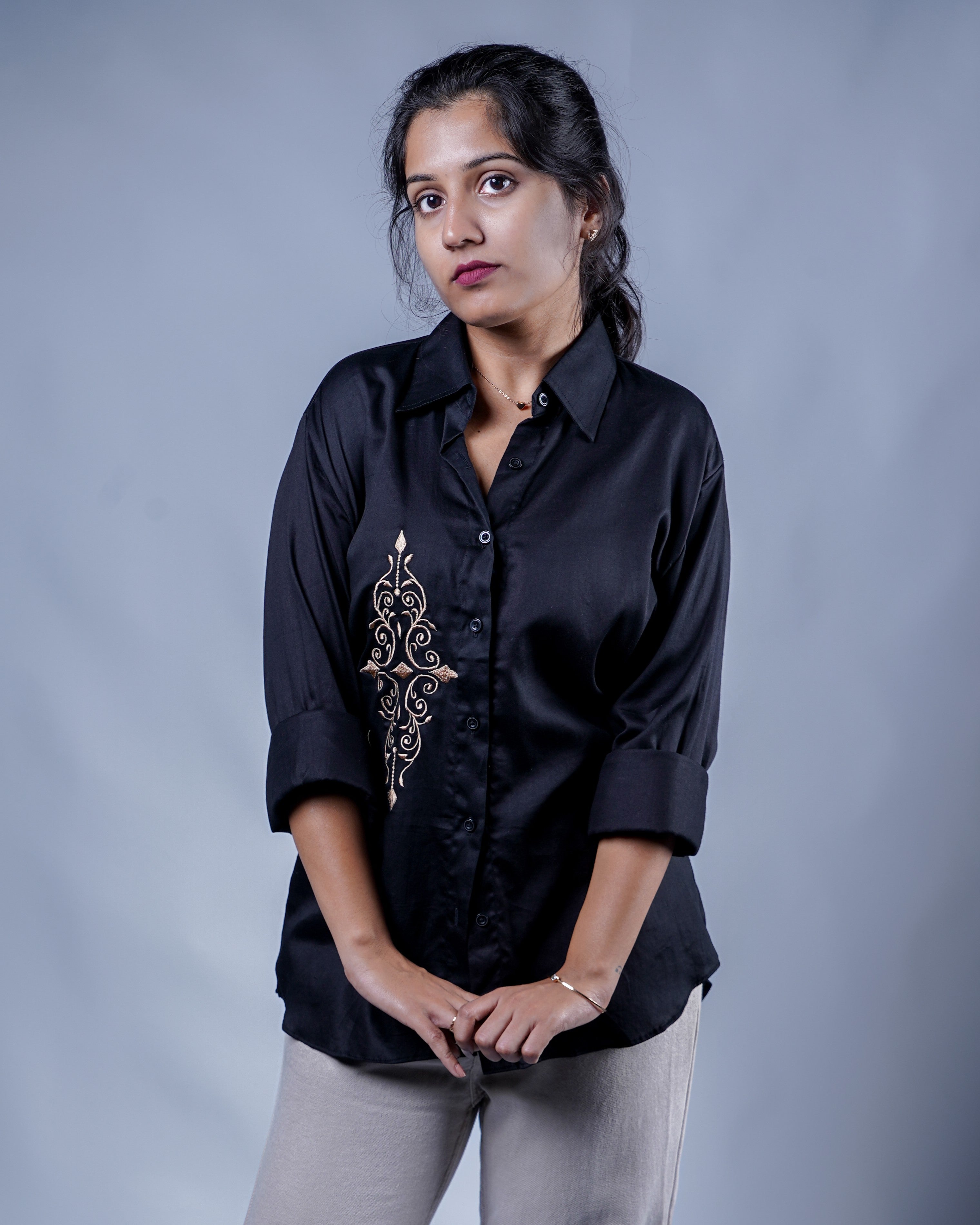 Trevae’s  Black  Shirt with Asymmetrical Front  Motif