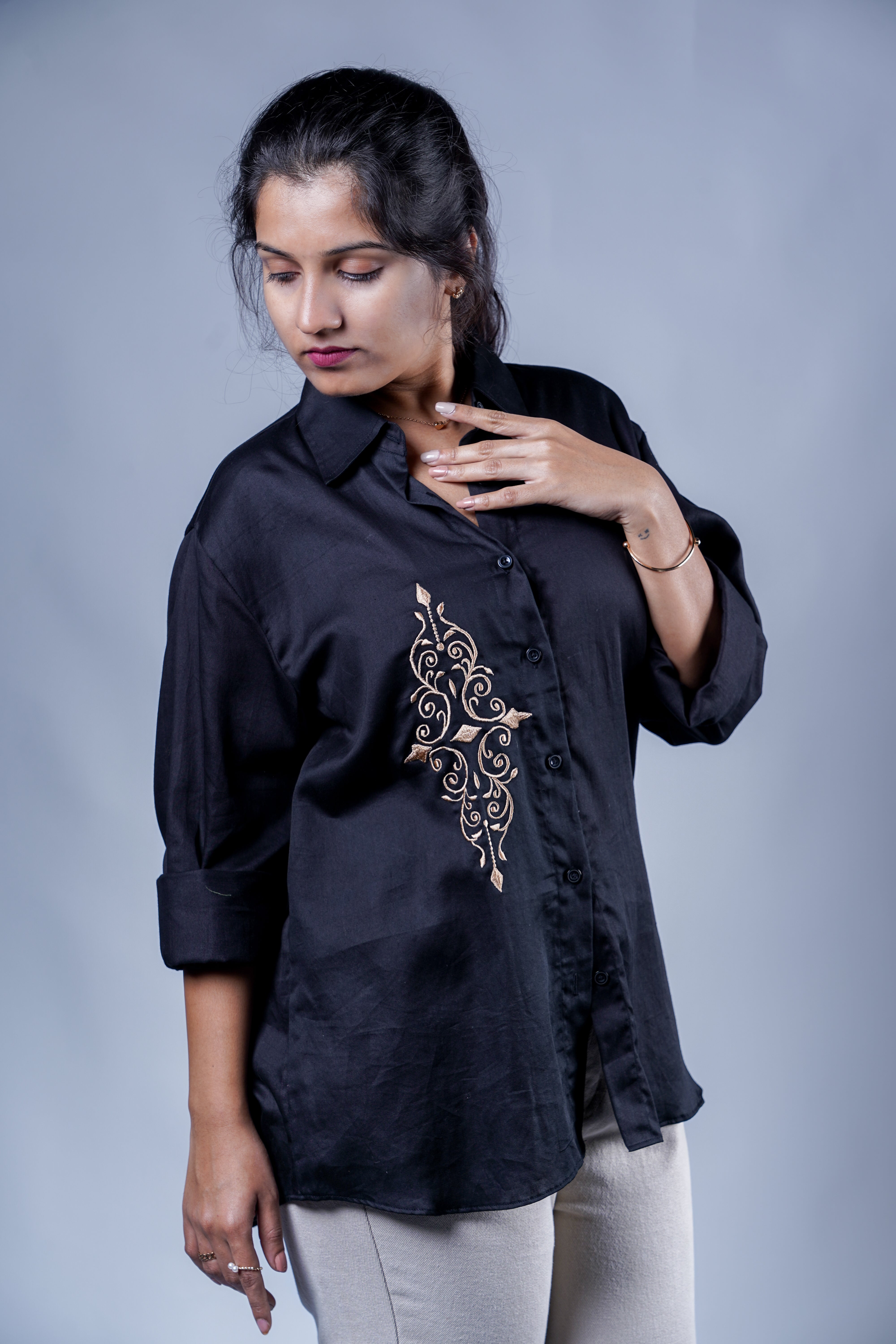 Trevae’s  Black  Shirt with Asymmetrical Front  Motif
