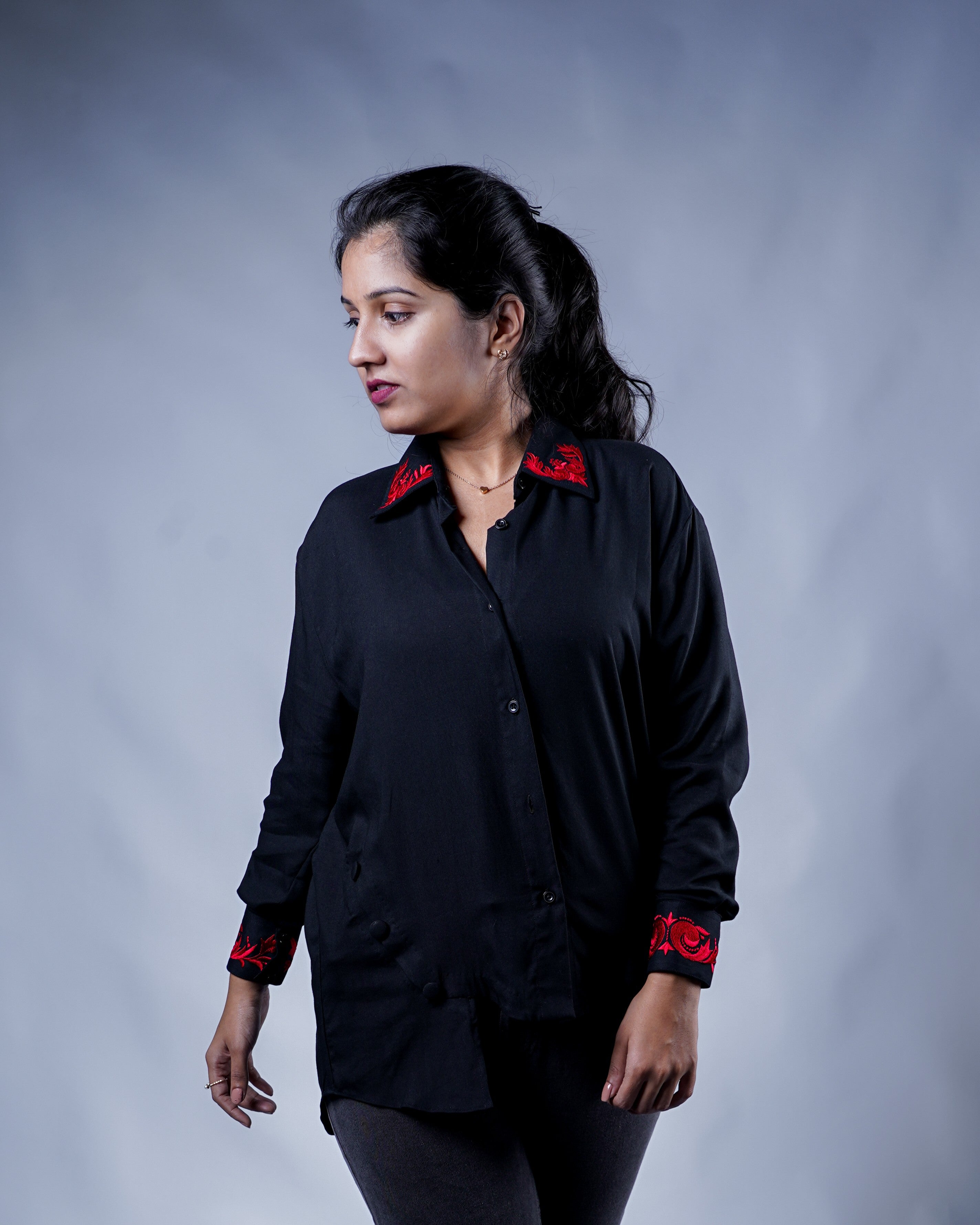 Trevae’s  Black  Rayon  High-Low  Shirt with  Red  Embroidery