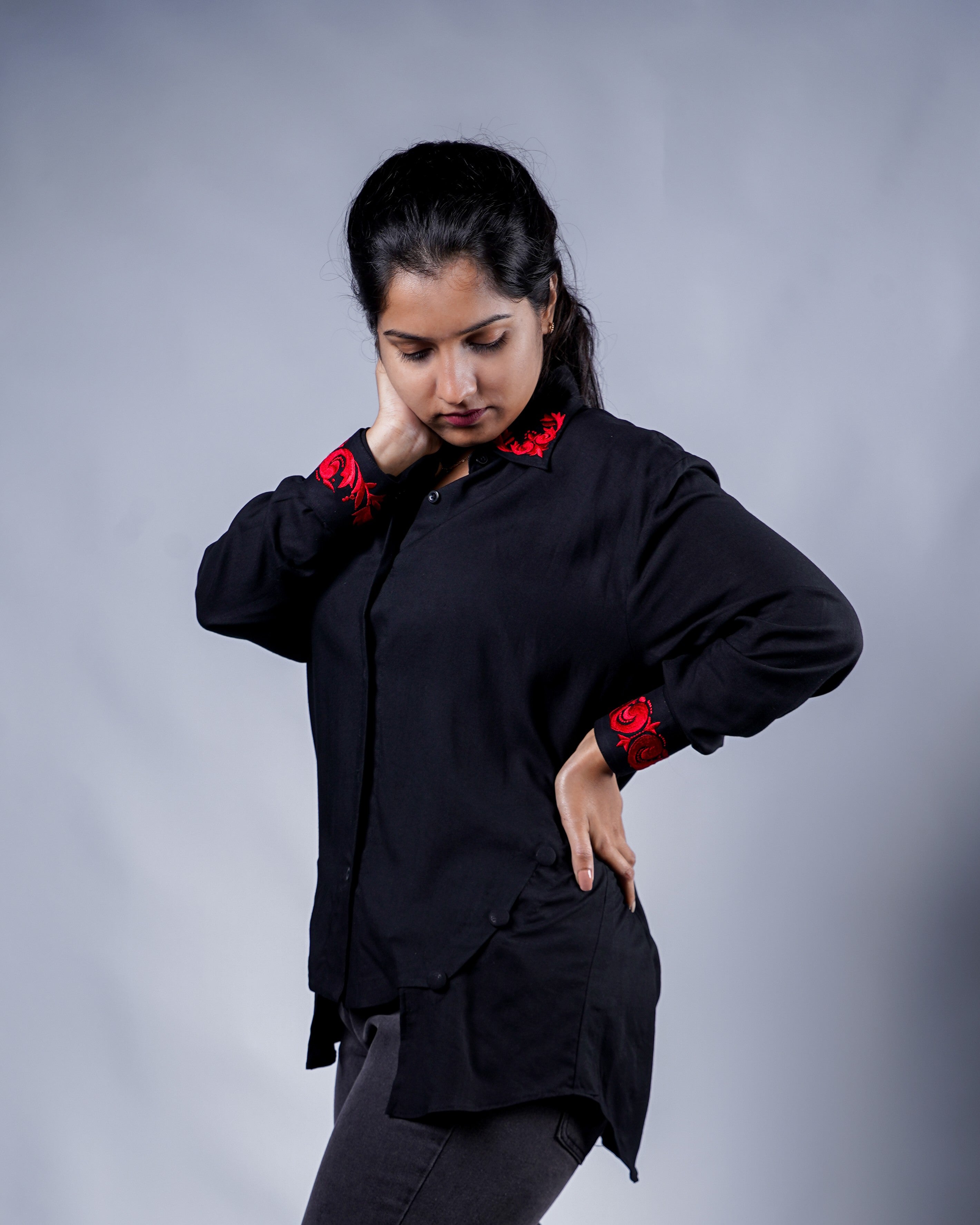 Trevae’s  Black  Rayon  High-Low  Shirt with  Red  Embroidery
