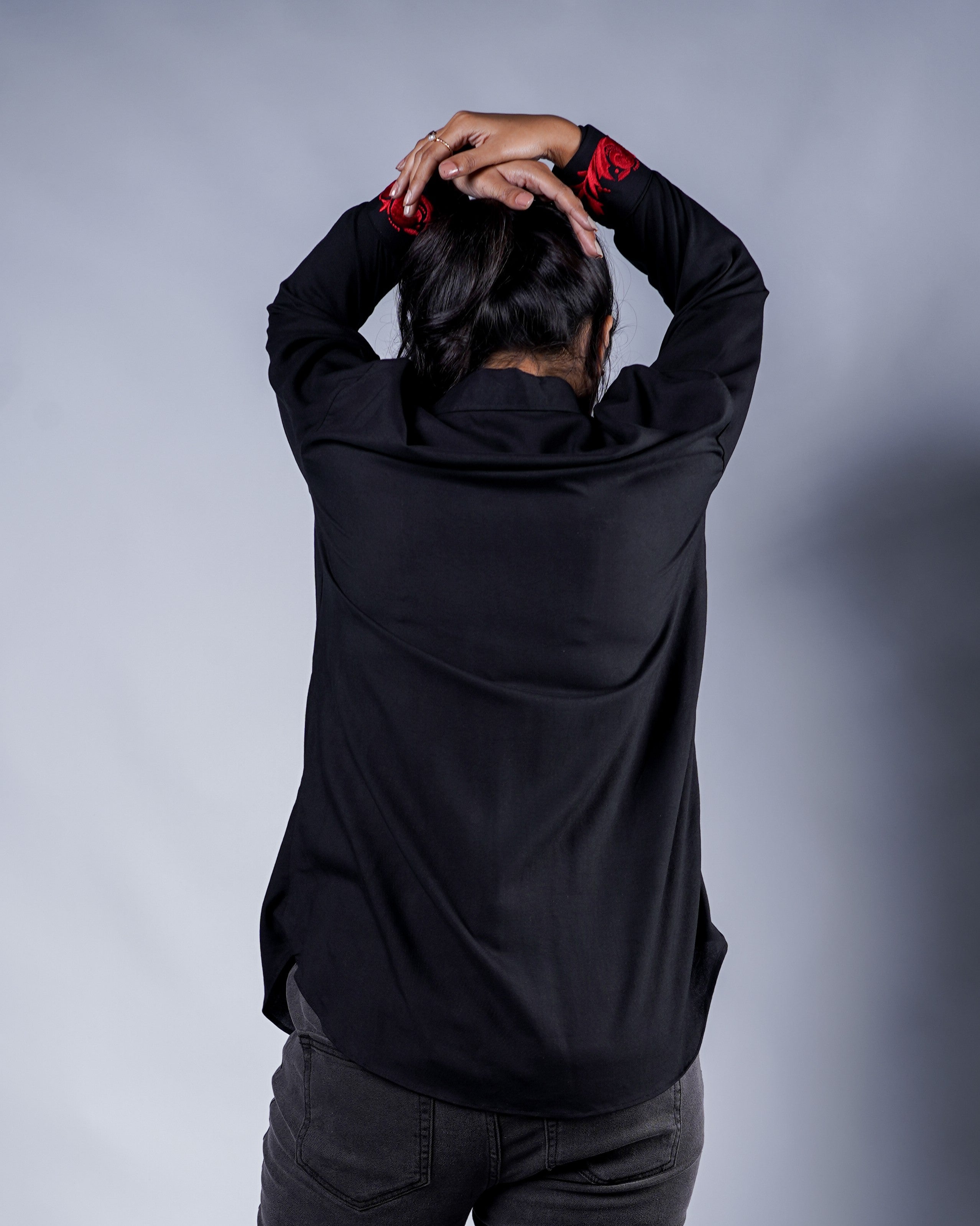 Trevae’s  Black  Rayon  High-Low  Shirt with  Red  Embroidery