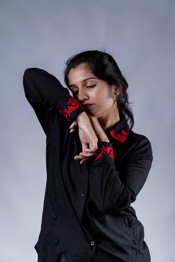 Trevae’s  Black  Rayon  High-Low  Shirt with  Red  Embroidery