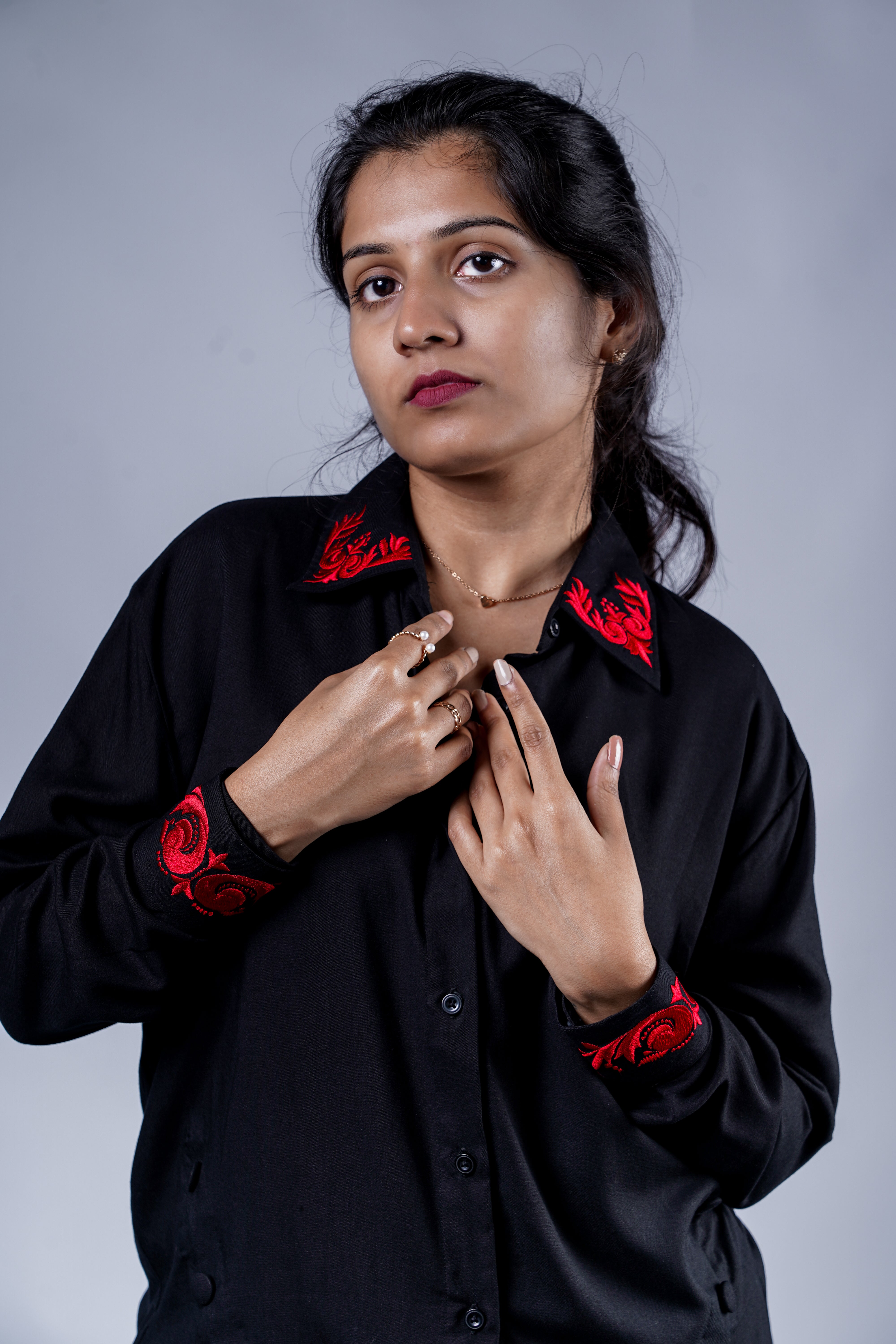 Trevae’s  Black  Rayon  High-Low  Shirt with  Red  Embroidery