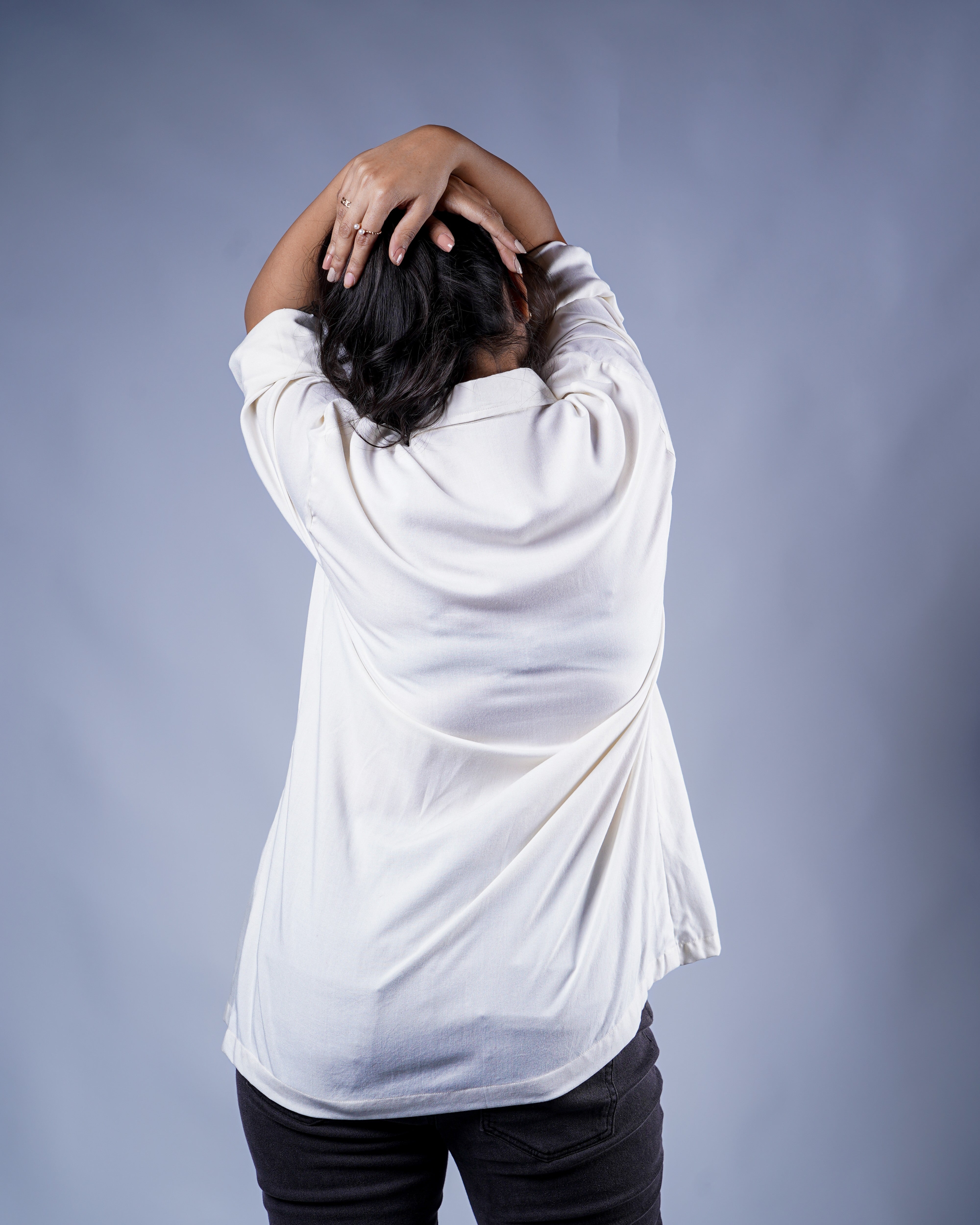 Trevae’s  Ivory  Rayon  High-Low  Shirt with  Curved  Embroidered Hem