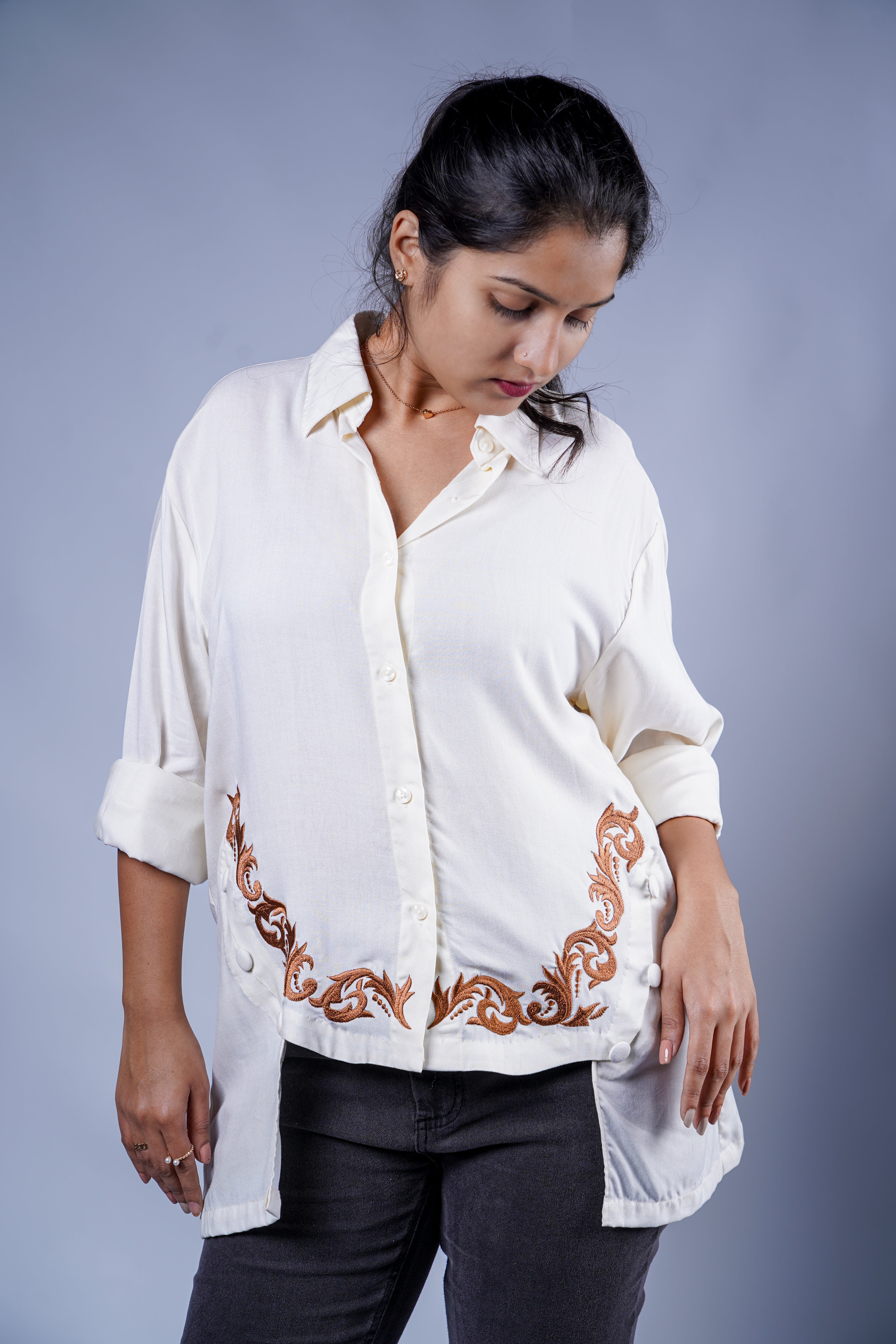 Trevae’s  Ivory  Rayon  High-Low  Shirt with  Curved  Embroidered Hem