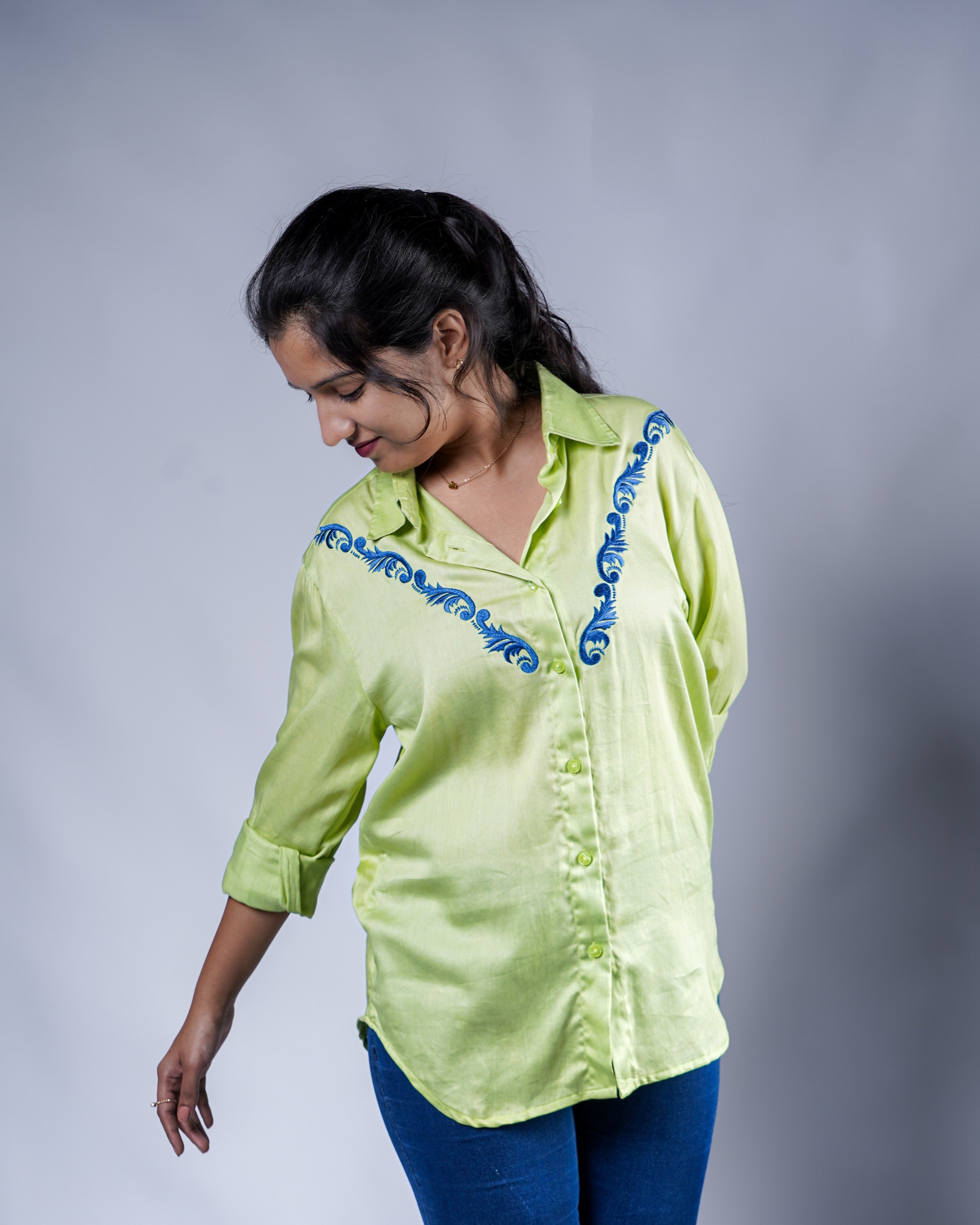 Trevae’s  Lime  Green  Shirt with  V-Shaped  Front  Embroidery