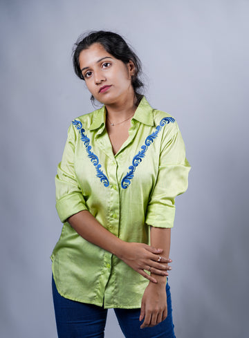 Trevae’s  Lime  Green  Shirt with  V-Shaped  Front  Embroidery