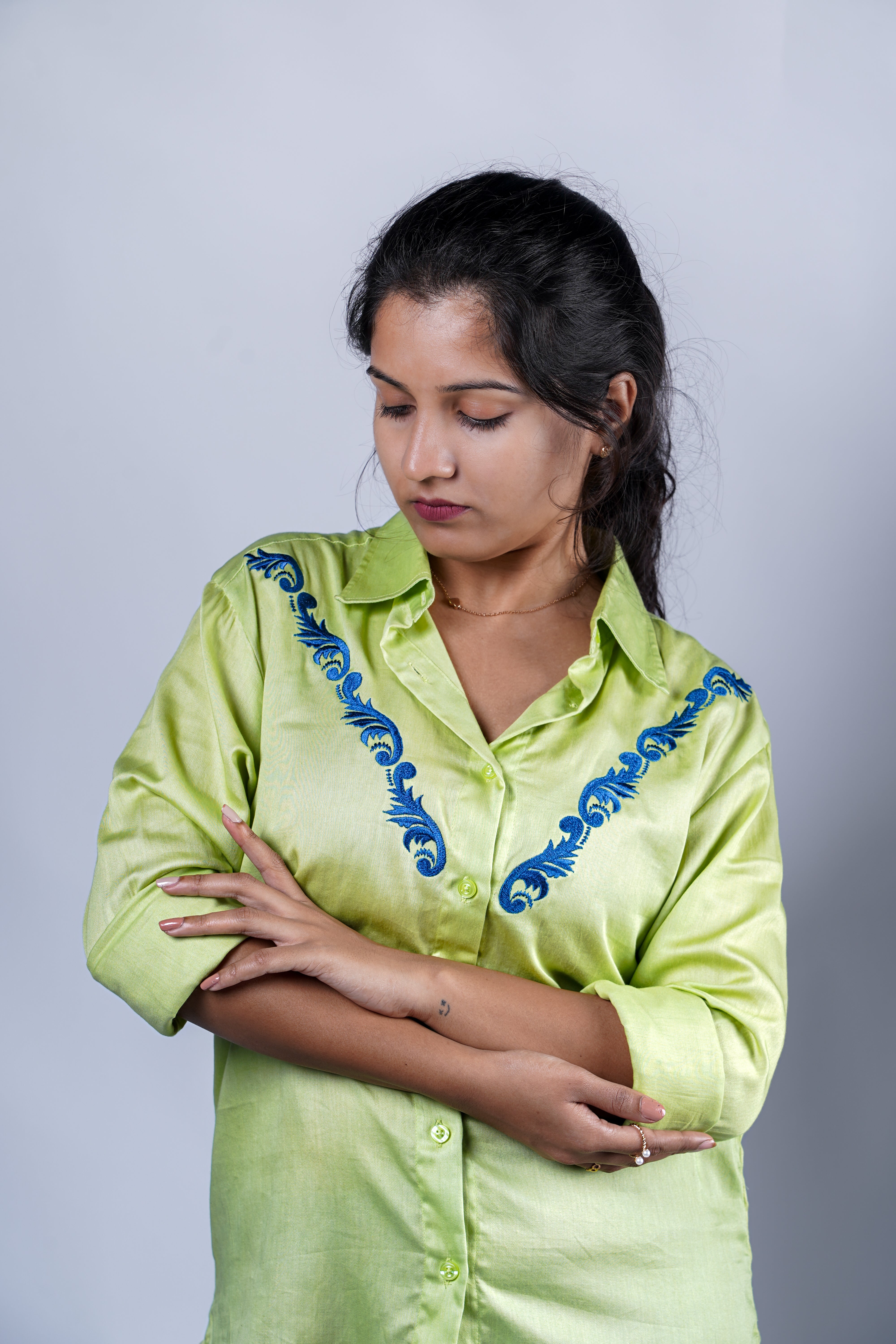 Trevae’s  Lime  Green  Shirt with  V-Shaped  Front  Embroidery