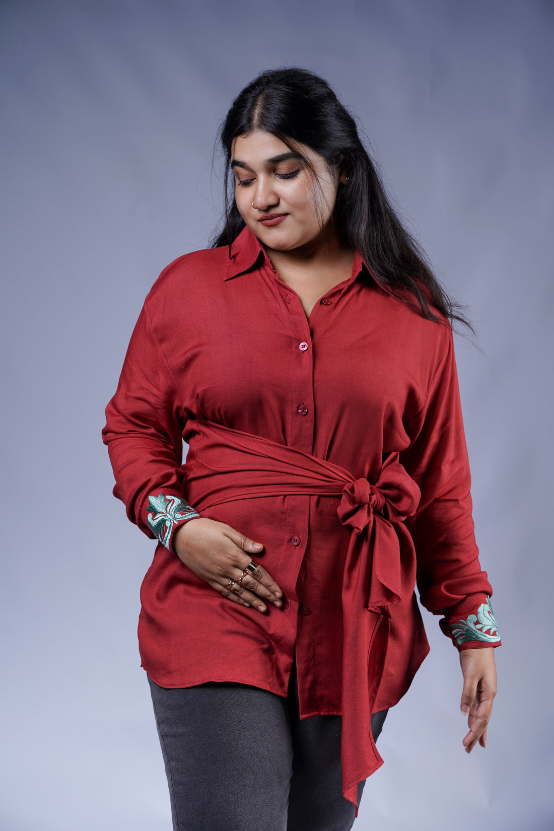 Trevae’s  Crimson  Canopy  Wrap  Shirt