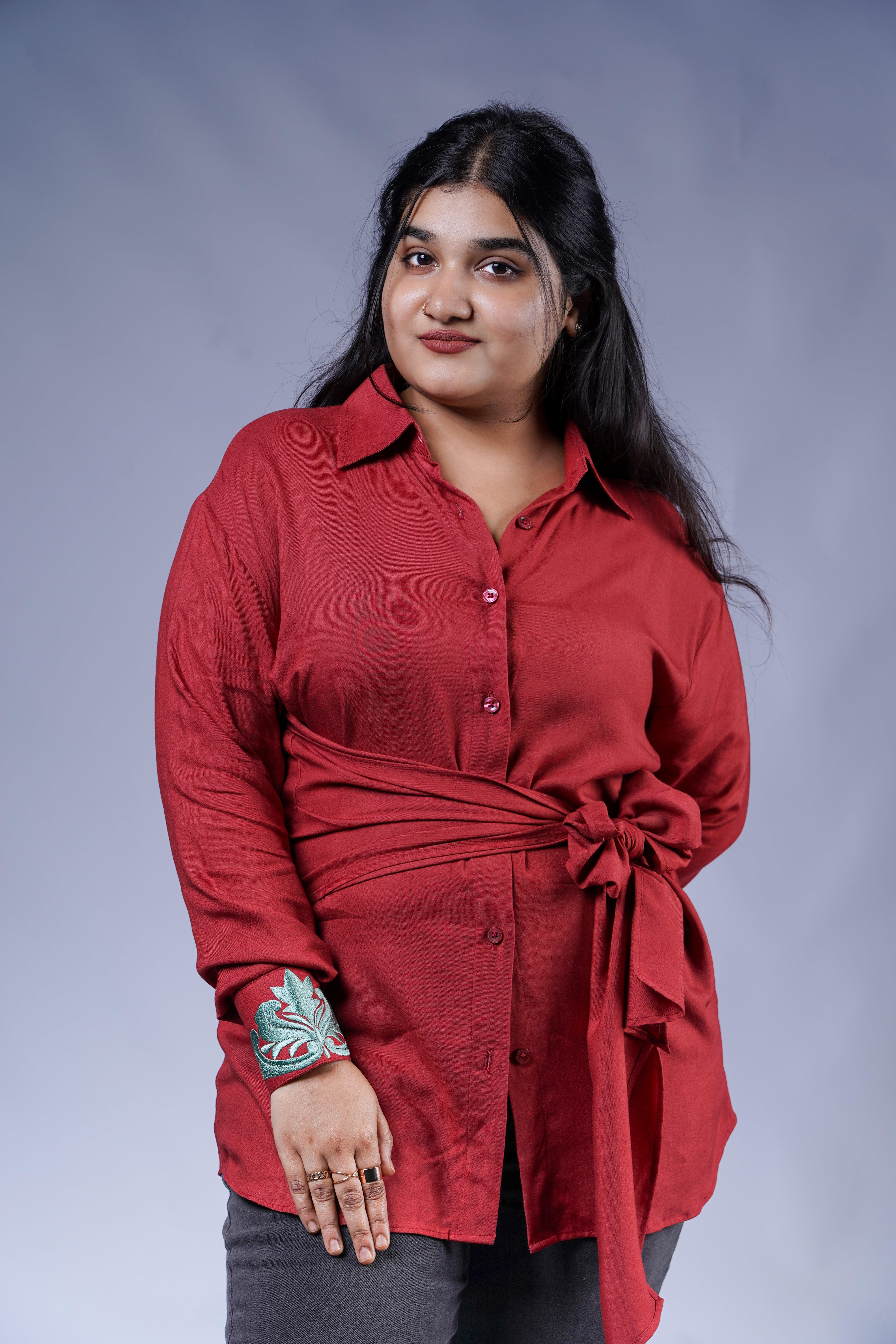 Trevae’s  Crimson  Canopy  Wrap  Shirt