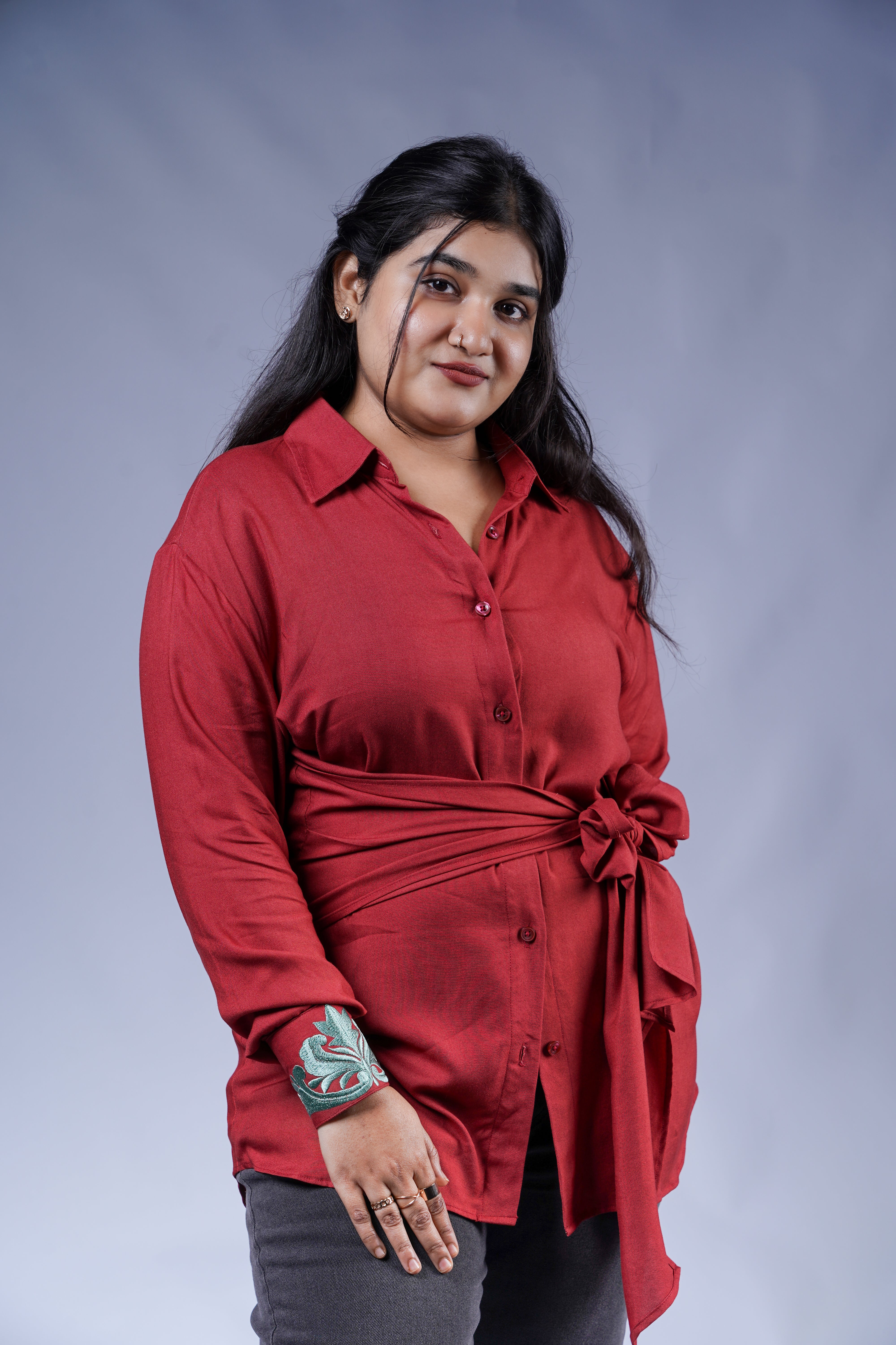 Trevae’s  Crimson  Canopy  Wrap  Shirt