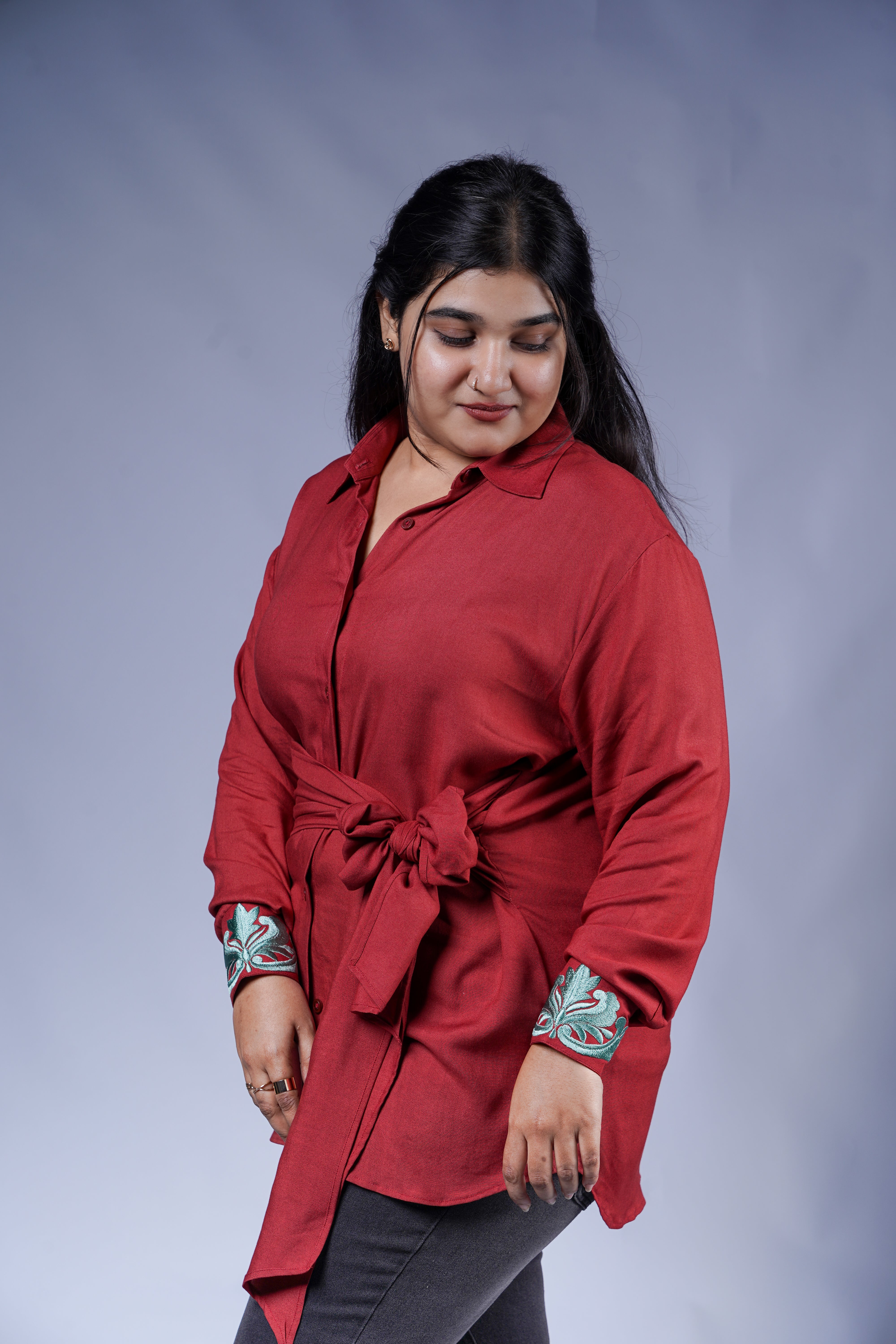Trevae’s  Crimson  Canopy  Wrap  Shirt
